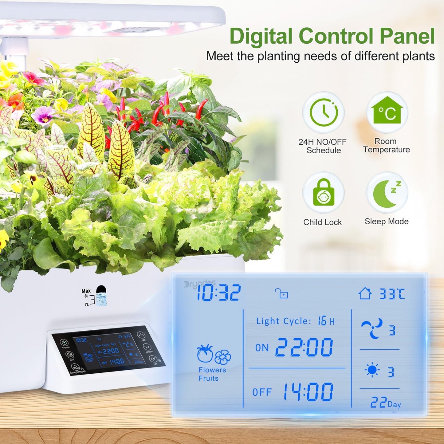 DRYADES 17-Pods Hydroponic Growing System with Dual Fans 24W Full-Spectrum Grow Light & Smart Control Panel for Indoor Gardening for Vegetables Herbs