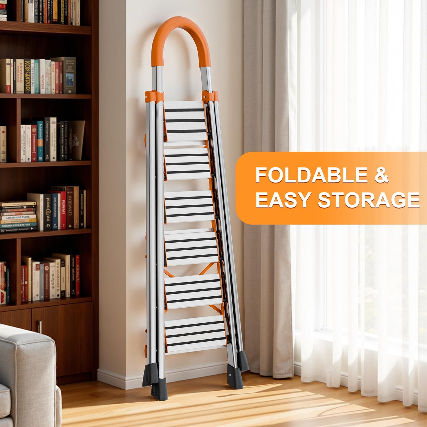 NYtoll 7 Step Folding Ladder, Portable Sturdy Steel Ladder, Heavy-Duty Step Stool with Anti-Slip Pedal and Handrails for Home & Kitchen Use