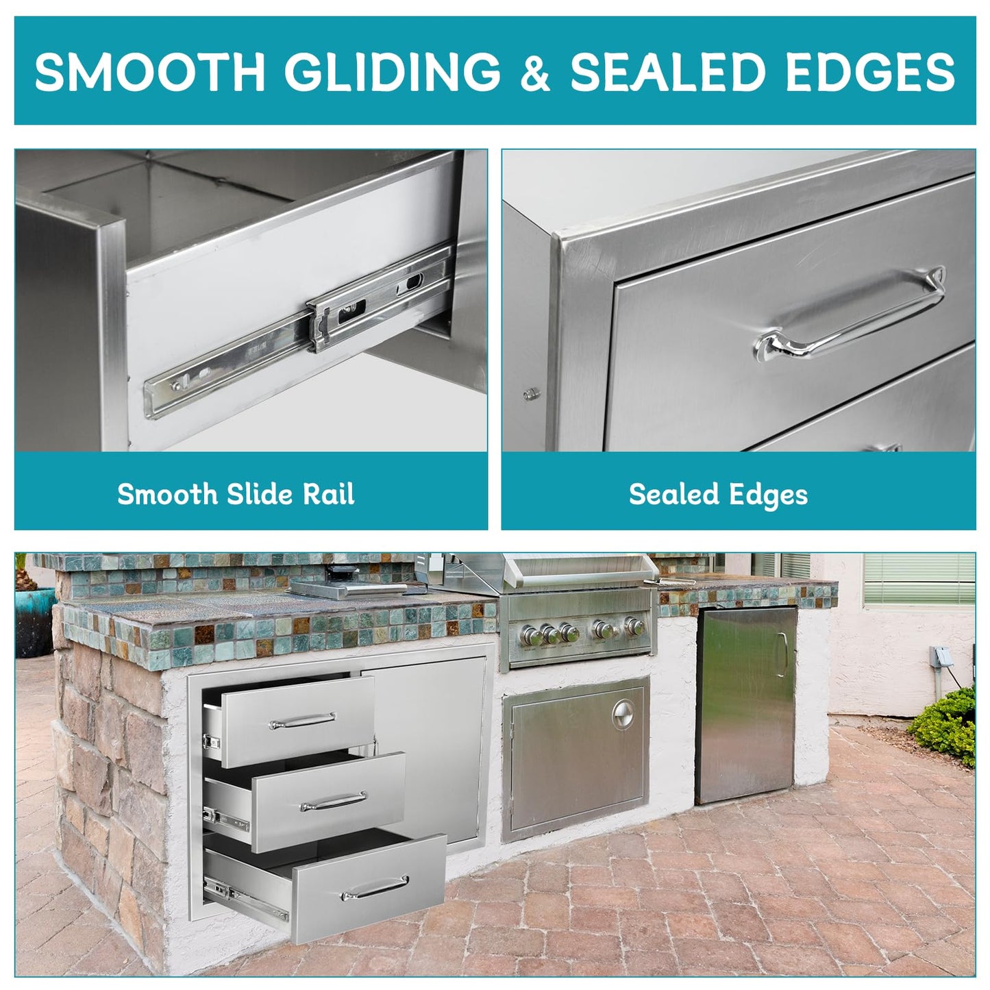 Outdoor Kitchen Door Drawer Combo Cabinet,38.1W x 22.6H x 20.8D Stainless Steel with Handles,Triple Drawers & BBQ Access Combo for Outdoor Kitchen Island (Drawer with Handle and Right Door Combo)