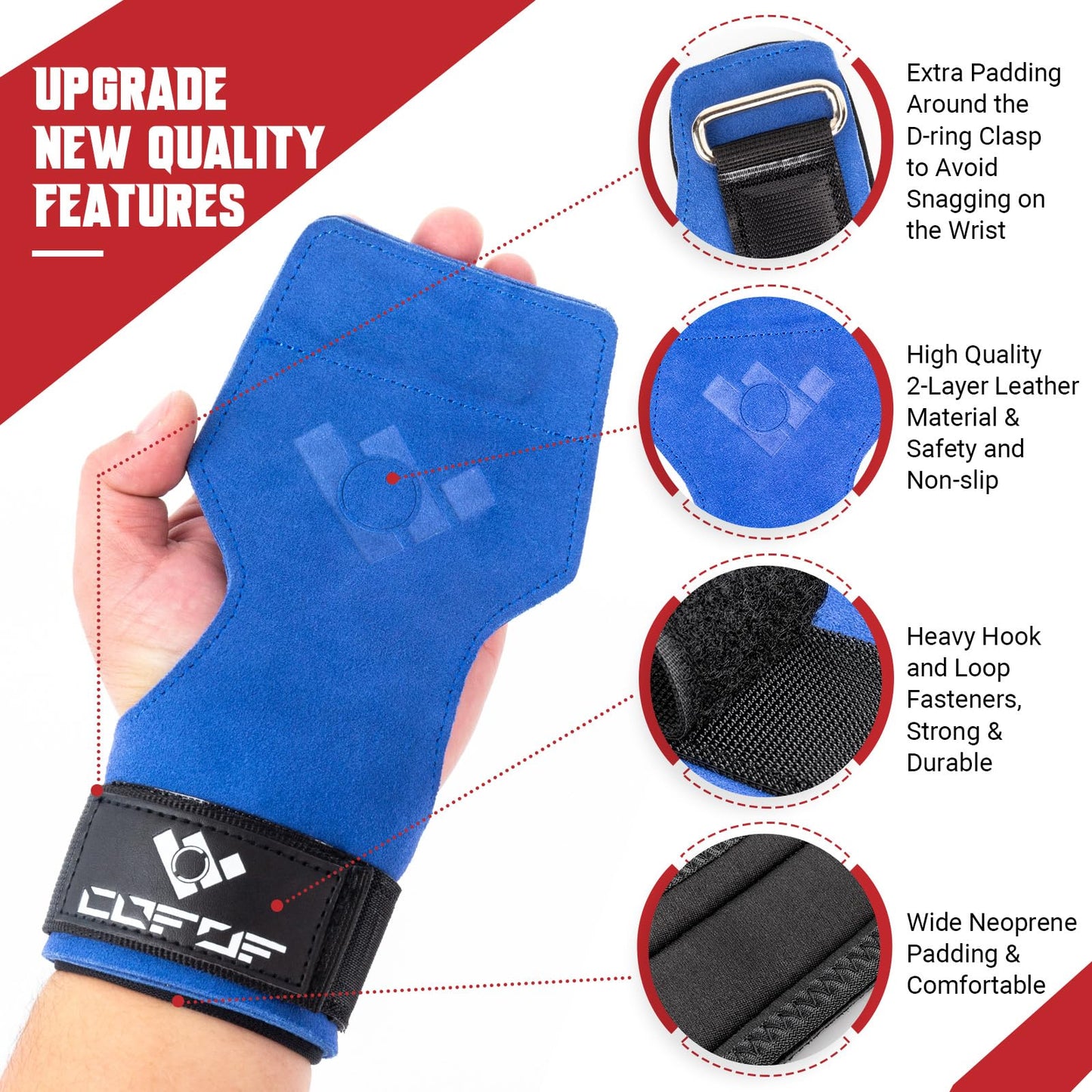 COFOF Weight Lifting Wrist Strap,Double Layer Leather Weightlifting Wrist Strap for Deadlift and Powerlifting, Adjustable Neoprene Padded Gym Workout Lifting Wrist Hooks for Men/Women(Pair)