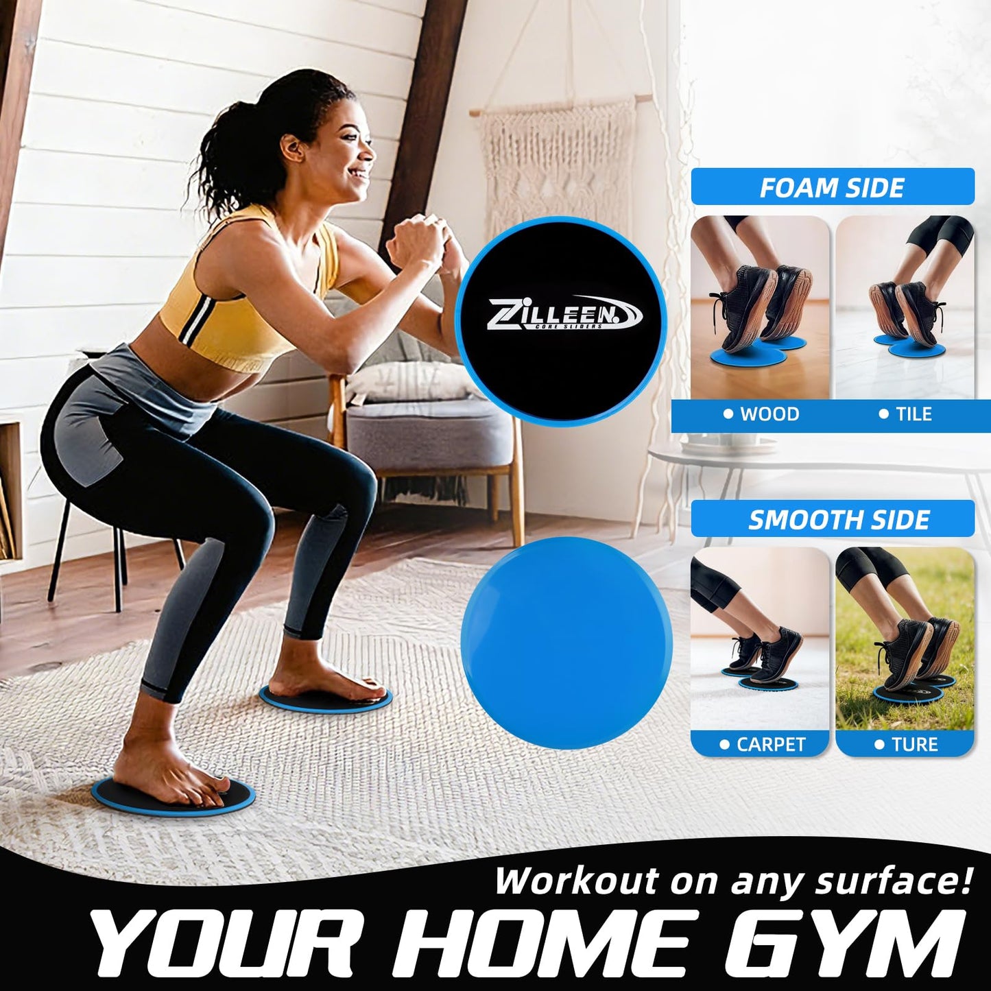 ZILLEEN Exercise Sliders for Working Out Blue Fitness Discs for Pilates Women Men, 2 Pack