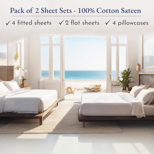 California Design Den Split King Sheet Sets - Soft 100% Cotton Sateen - Extra Soft & Breathable - Bright White (2-Pack)