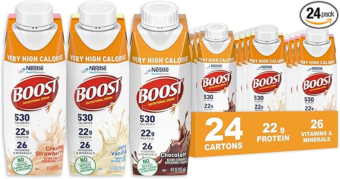 BOOST Very High Calorie Nutritional Drink ??Helps Weight Gain & Maintenance -530 Calories -26 Vitamins & Minerals - 22 g Protein - Variety Pack - Vanilla, Chocolate & Strawberry - 8 fl oz (Pack of 24)