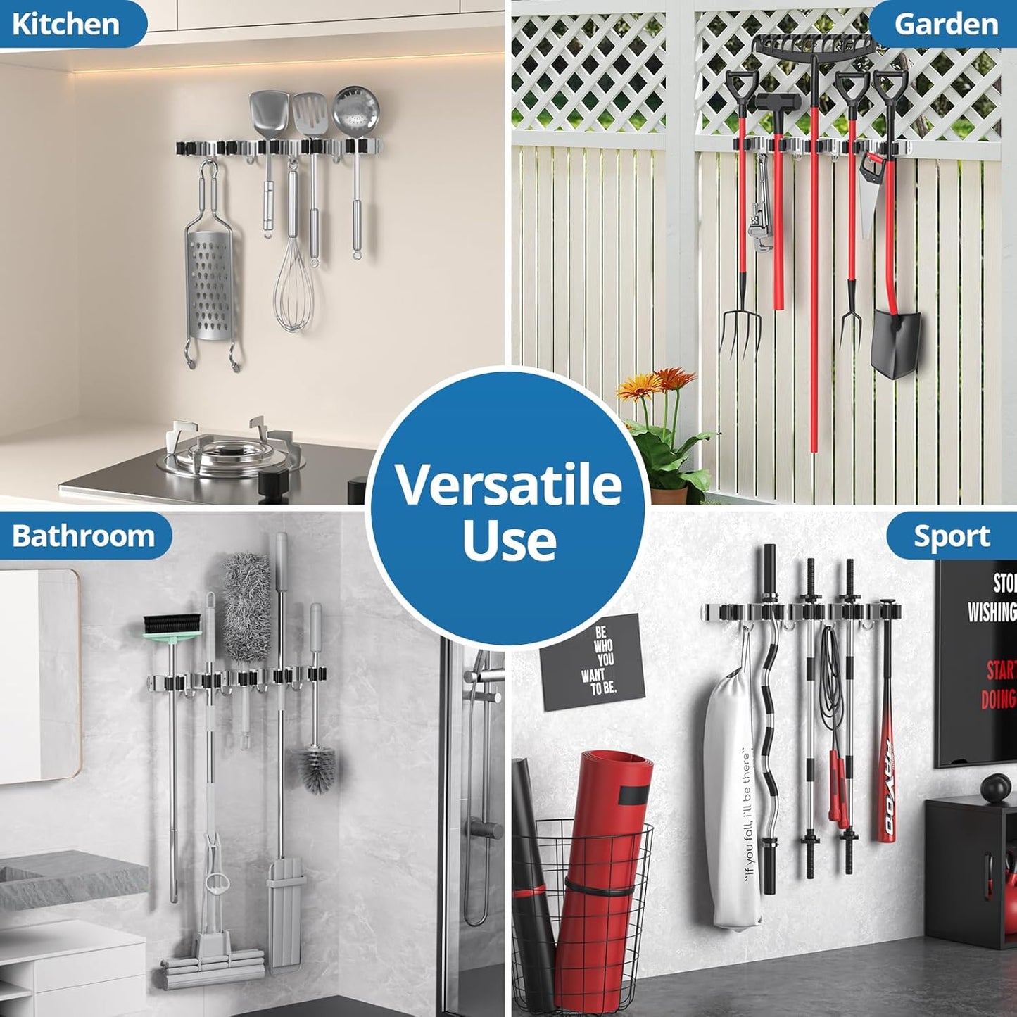 Skiennix Broom Holder - Heavy-Duty Wall Mount Organizer with 5 Racks & 4 Hooks for Kitchen & Garage