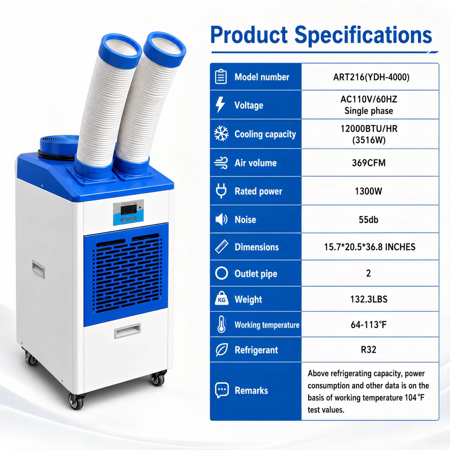 AMARITE Industrial Portable Air Conditioner – 12000 BTU Dual Hose Spot Cooler with Digital Controls & Timer, for Indoor/Outdoor Use, R32 Refrigerant