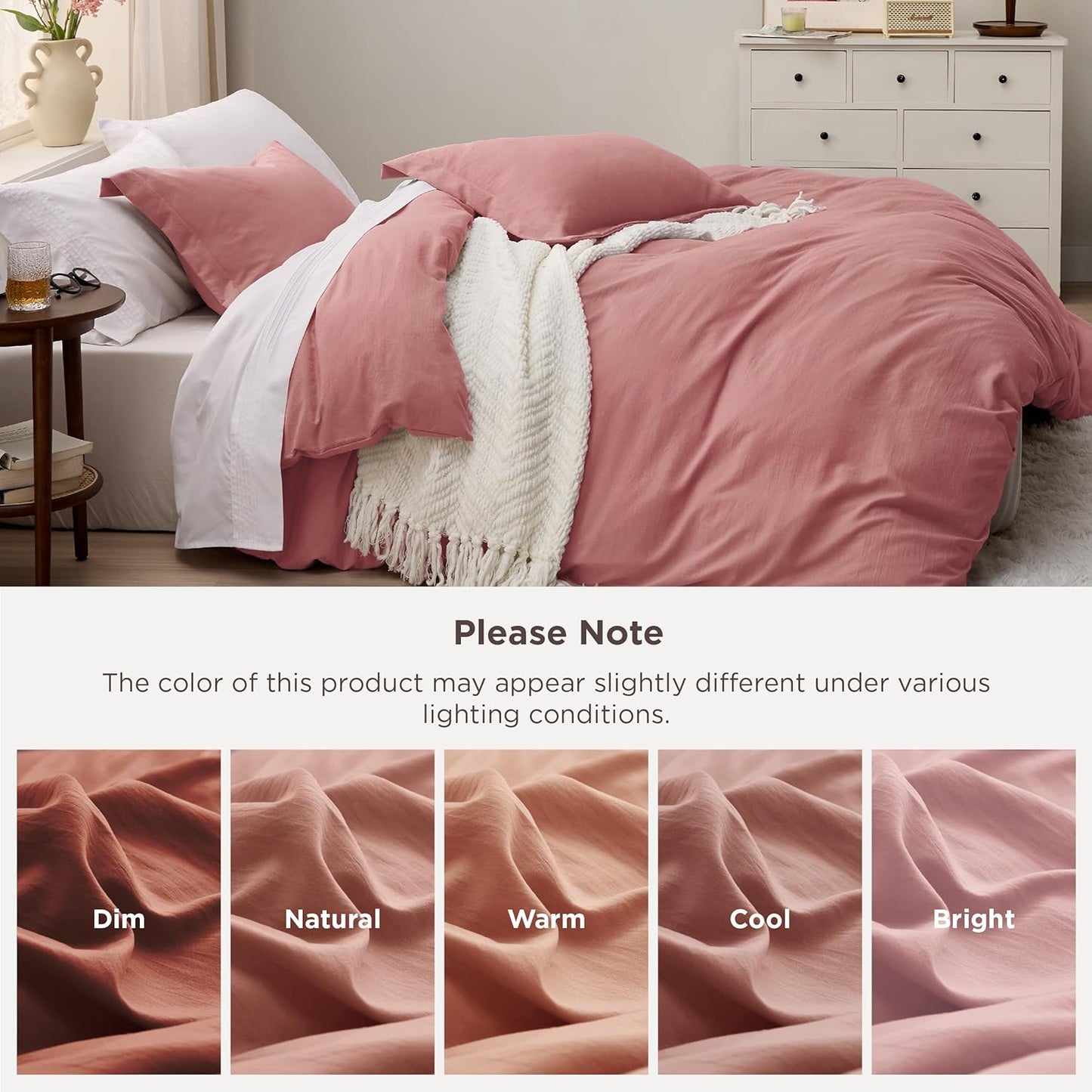 Bedsure Pink Clay Duvet Cover Queen Size - 3 Pieces Prewashed Cotton-Like Extra Soft Bedding Set, Includes 1 Duvet Cover 90x90 Inches with Zipper Closure & 2 Pillow Shams, Comforter Not Included