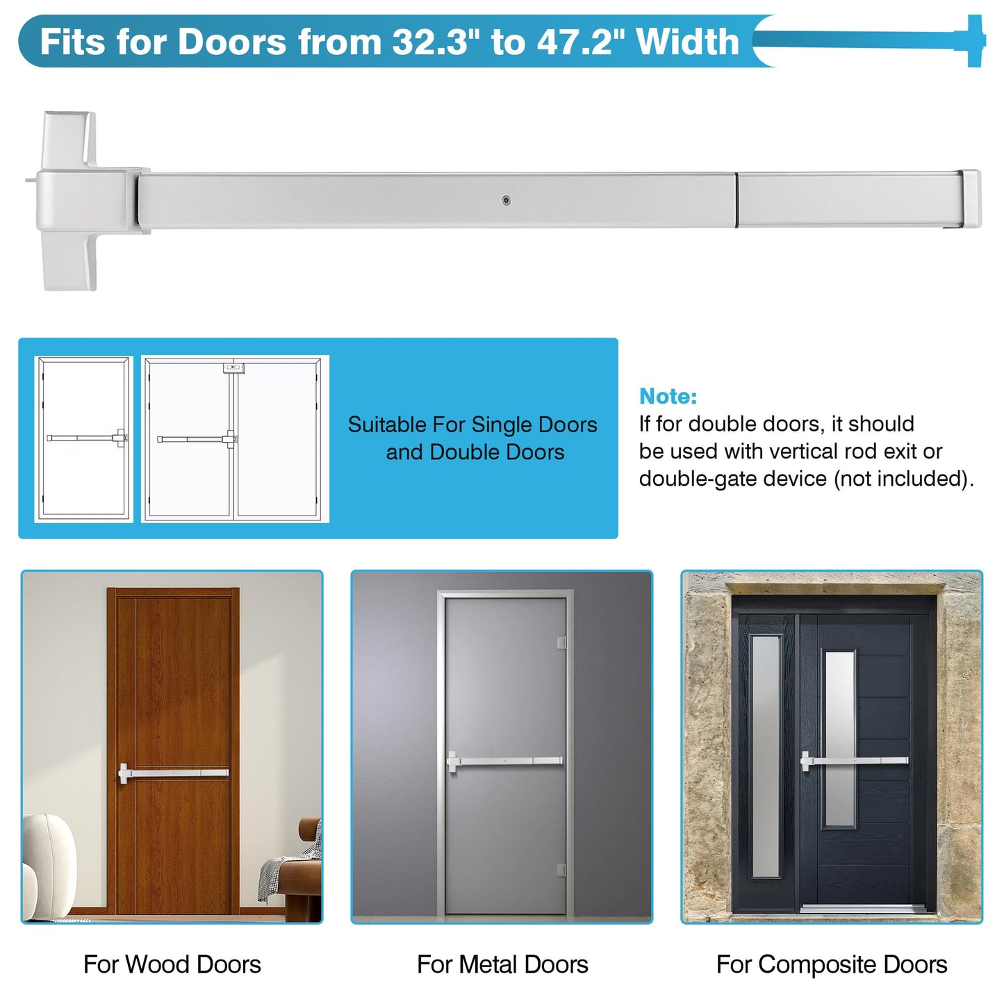 IRONWALLS Panic Bars for Exit Doors 32 Inch, Silver Commercial Push Bar Panic Exit Device Stainless Steel with Exterior Door Lever Handle, Emergency Exit Panic Door Hardware for 32”-47” Doors