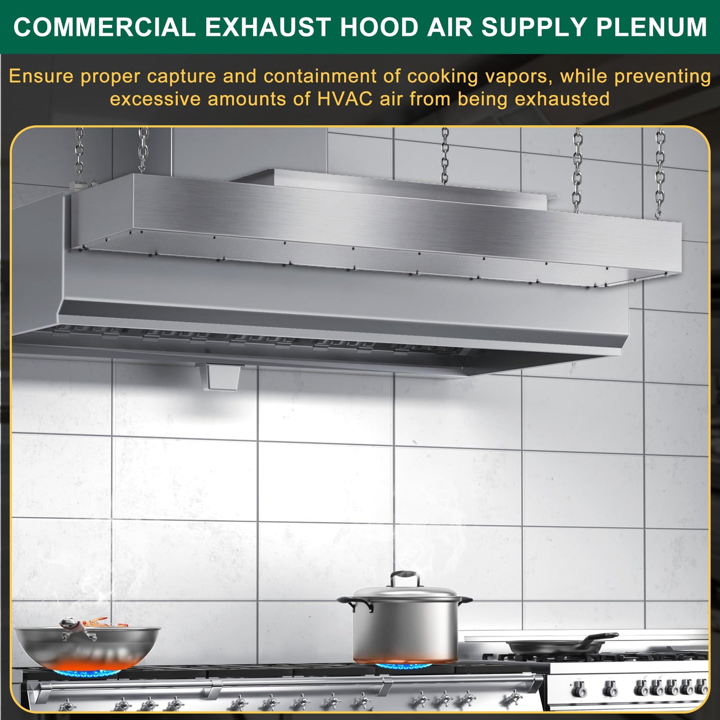 6ft Perforated Supply Plenum for Commercial Exhaust Hood–Makeup Air Hood Stainless Steel Air Supply Plenum with Microplate, Lifting Lugs & Single Exhaust Port