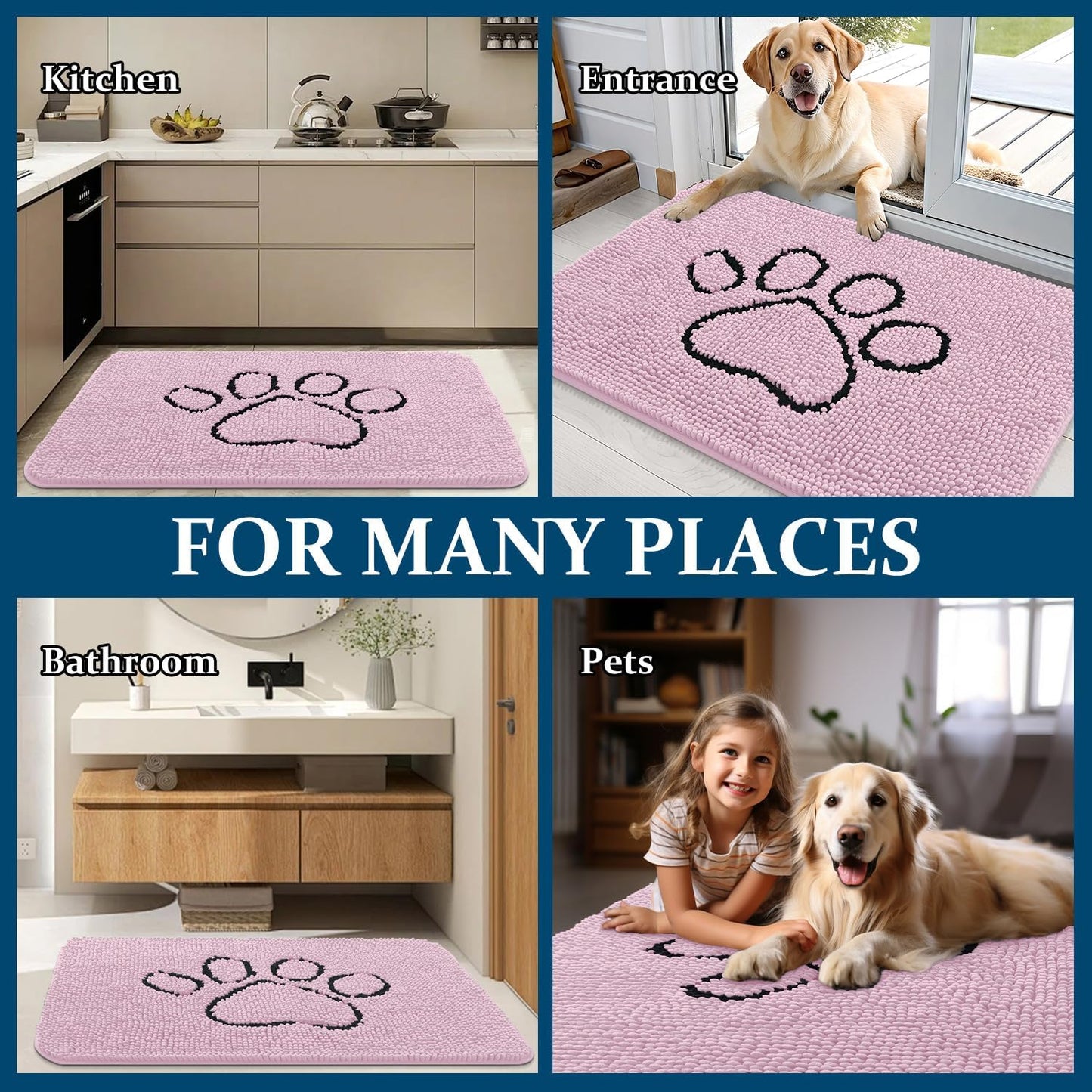 OLANLY Dog Door Mat - Absorbent Muddy Paws Doormat | Non-Slip Chenille, 48x30, Dusty Rose