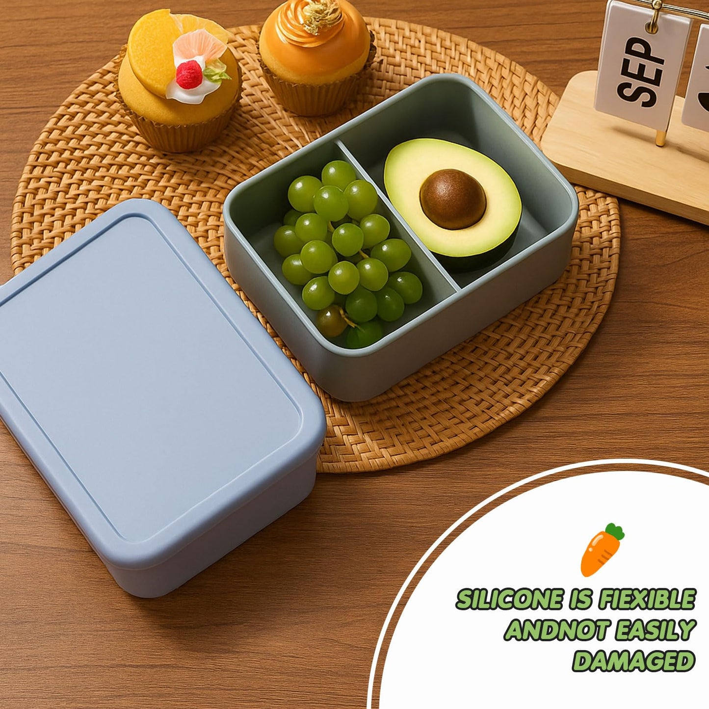 Layhit 2 Pcs Silicone Bento Box for Adults, 27 oz Bento Lunch Container Reusable 2 Compartment Lunchable Food Container for Women Men, Leak Proof Microwave Dishwasher Freezer Safe (Gray Blue,Green)