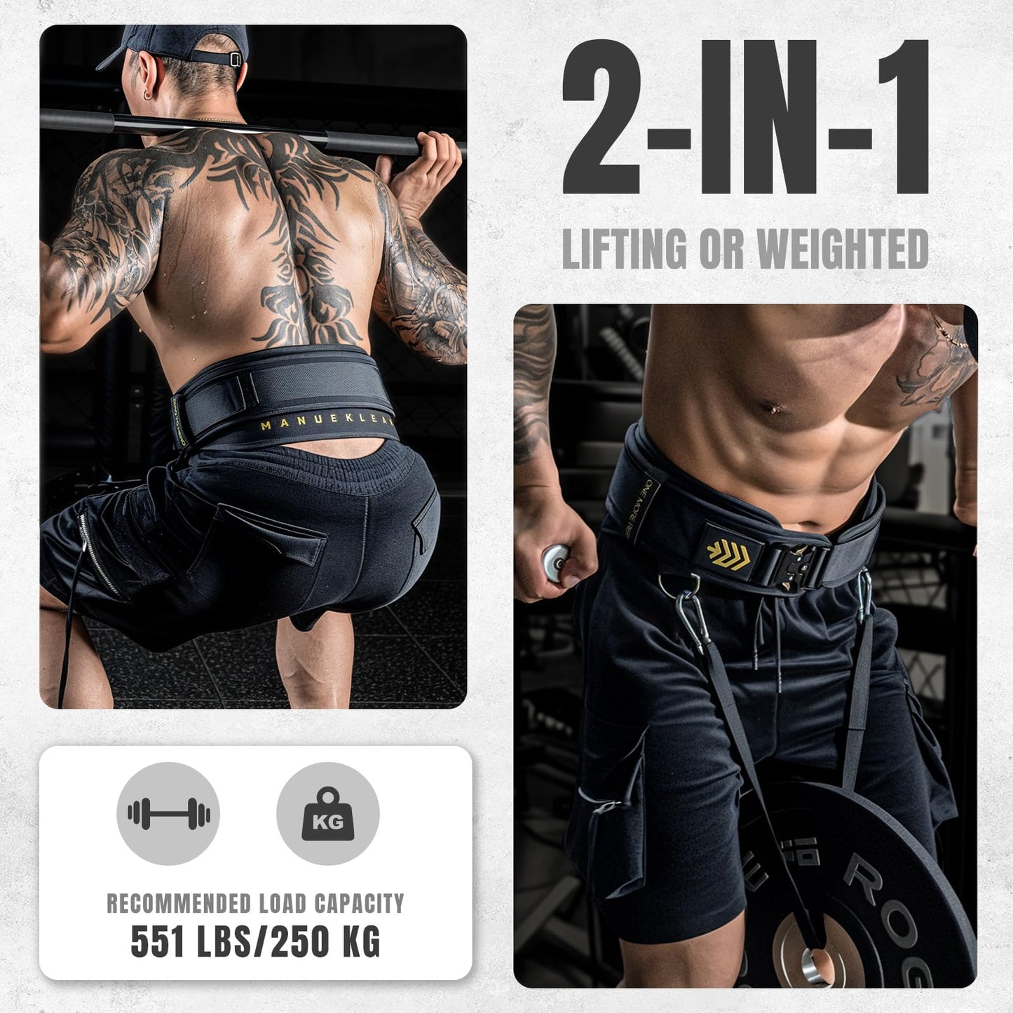 MANUEKLEAR 2-in-1 Weightlifting Belt & Dip Belt with 36.7 IN Rope, Double-Layer Weight Lifting Belts, Powerlifting Gym Weighted Belt for Pull Up Squat (Midnight Black, M(30-33in))