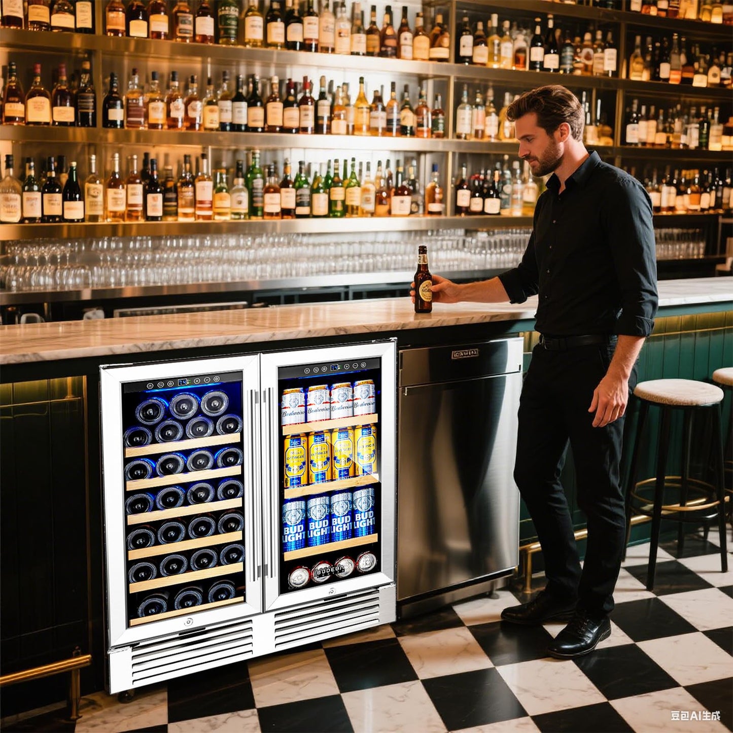 BODEGACOOLER Wine and Beverage Refrigerator,30 Inch Under Counter Commercial Beverage Refrigerator, Large Capacity Back Bar Cooler With 2 Glass Doors,LED Lighting Display Beer Wine Soda Drinks.