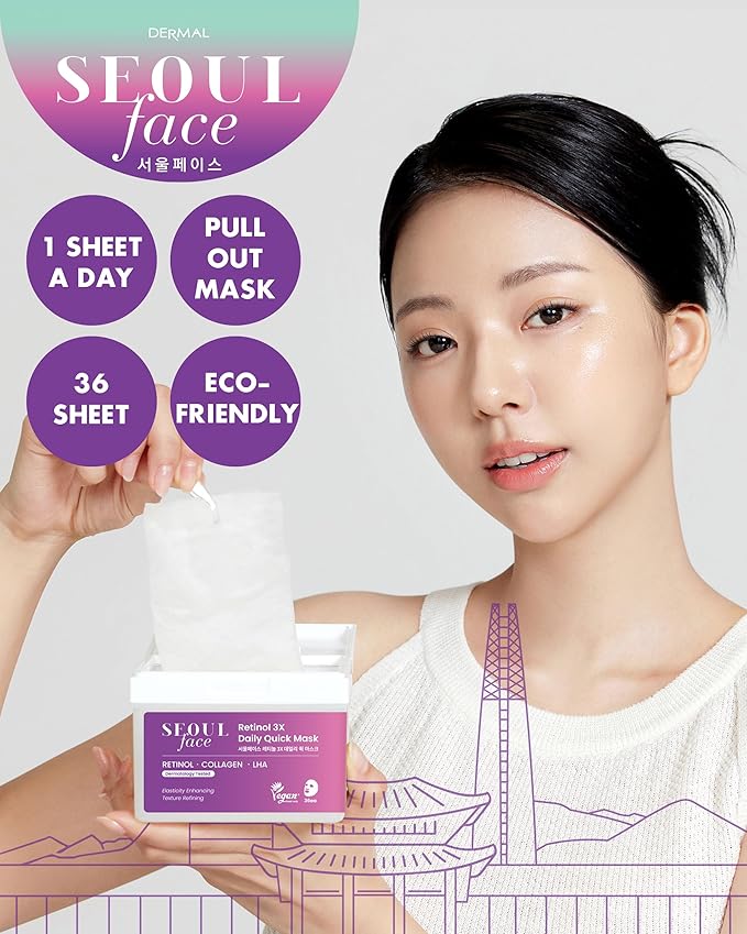 DERMAL Seoul Face Retinol 3X Daily Quick Mask 36 Sheet ??Korean Skincare Vegan Tencel Facial Masks - Anti Aging, Wrinkle Improvement Mask Sheets with Collagen, LHA, Peptide