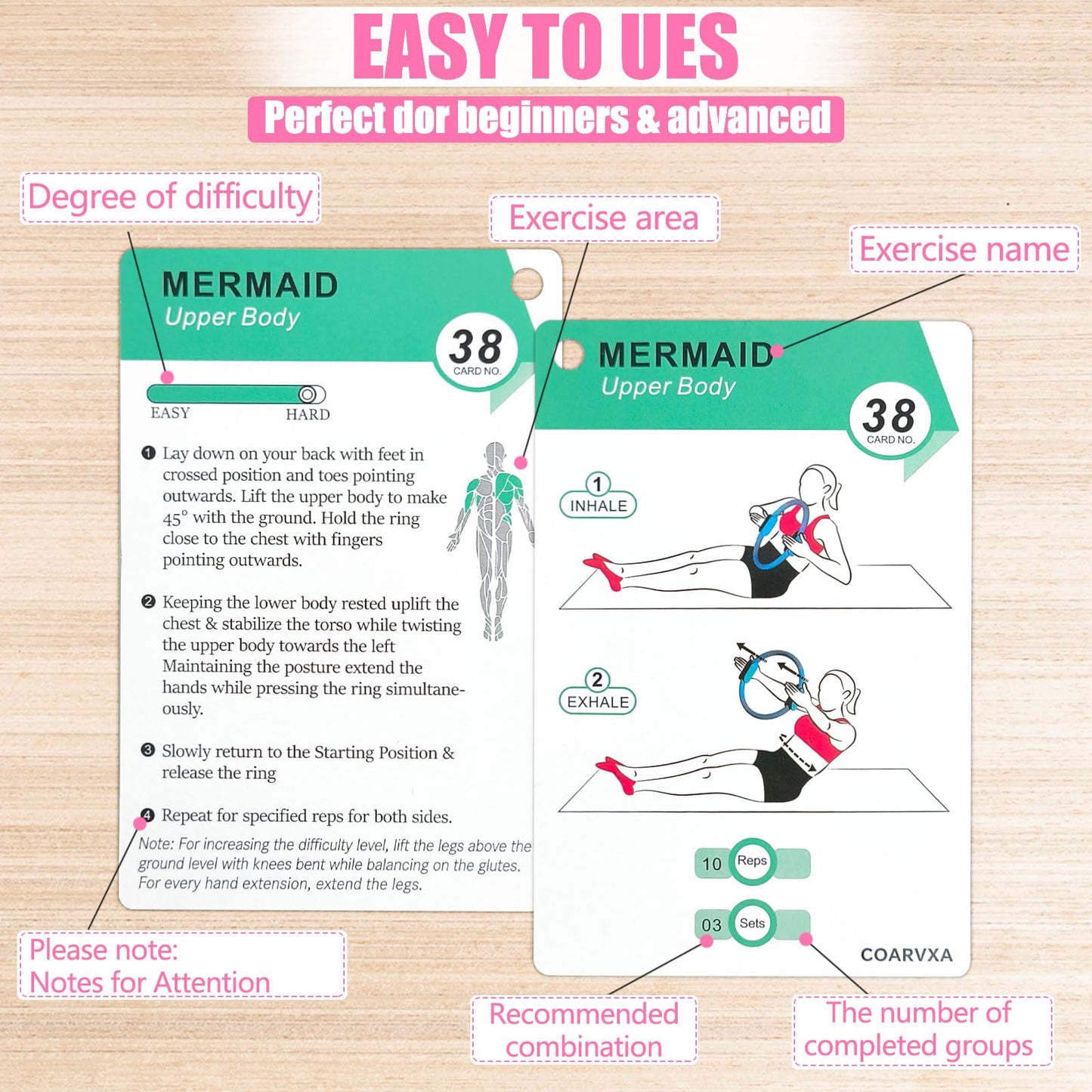 COARVXA Pilates Ring Workouts for Women-58 Exercise Cards with Pilates Mat Workout Postures，ncludes 4-Week Challenge,2 Rings& Dry-Erase for Easy Organization-Home, Gym or Studio