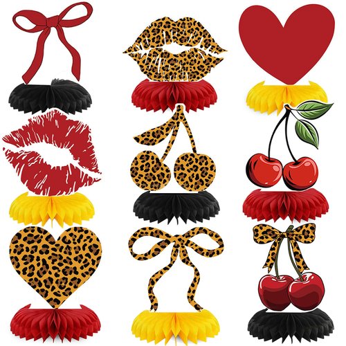Cheetah Cherry Birthday Party Decorations Leopard Honeycomb Centerpieces Decor with Red and Black Cheetah Cherry Print Toppers Safari Animal Birthday Party Decorations Sulpplies for Women Girls