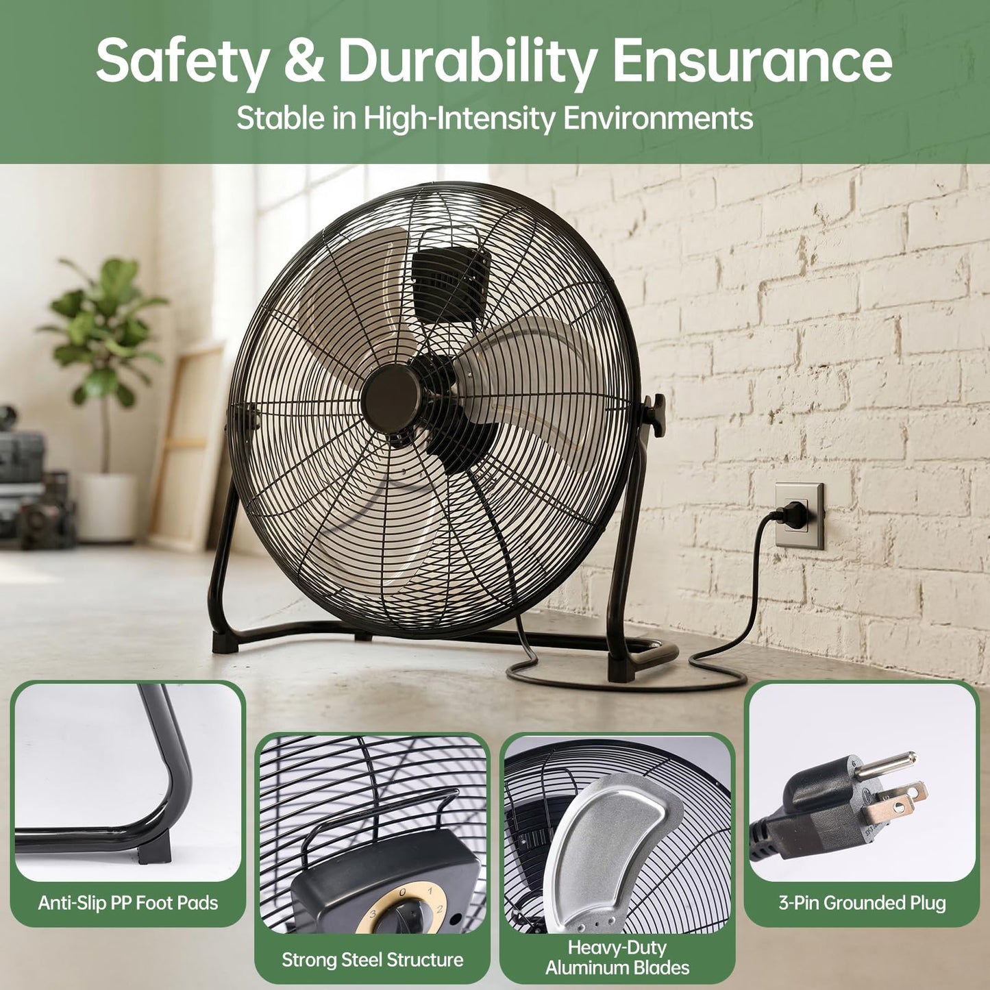 OLIXIS 20'' Industrial High-Velocity Floor Fan, 3-Speed Metal Fan with Carry Handle, Quiet Standing Drum Fan with 120° Adjustable Tilt, Max 3522 CFM for Garages, Workshops, Large Commercial Spaces