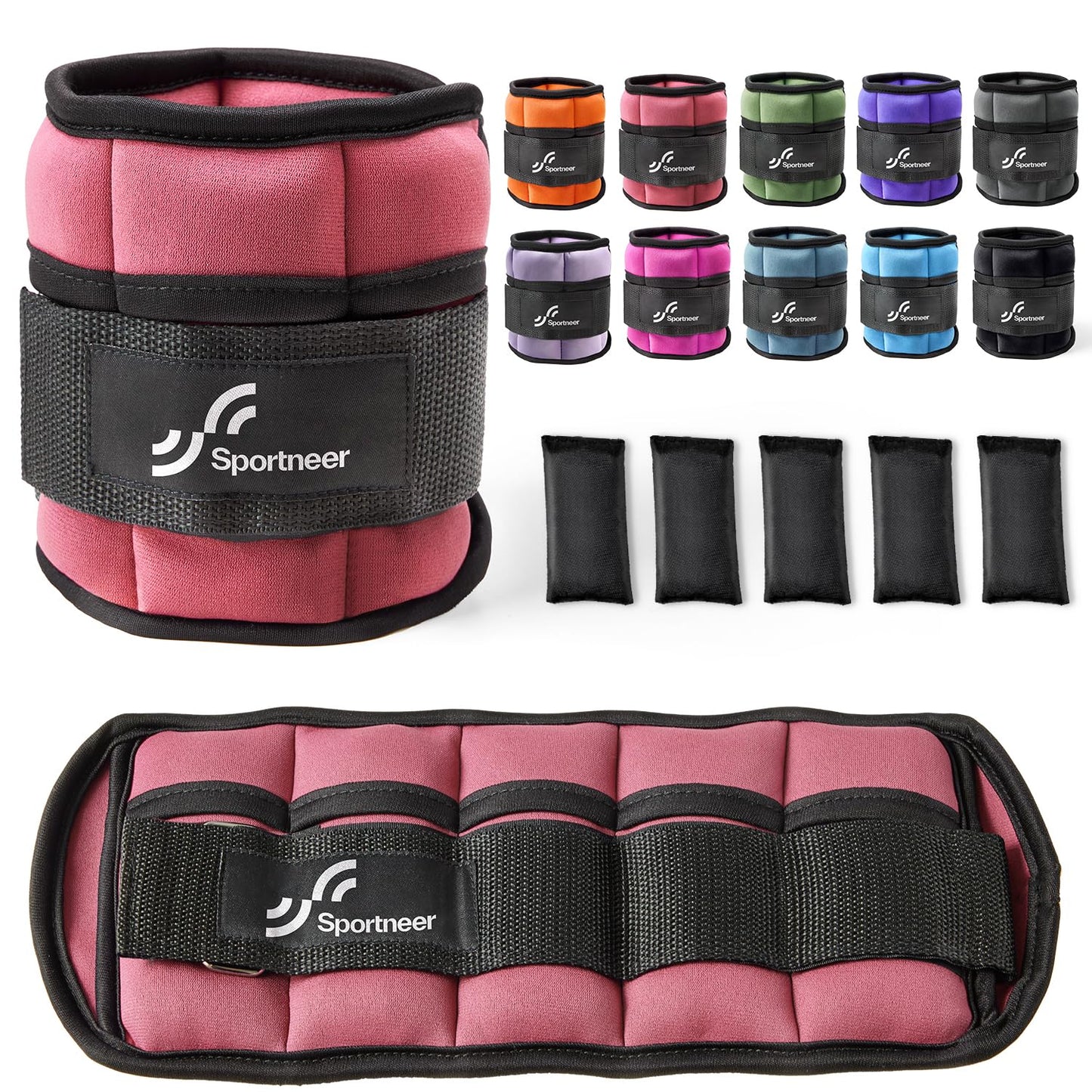 Sportneer Adjustable Ankle Weights Set - 1 Pair (2-10 lbs) Removable Sandbags for Women & Men, Comfortable Neoprene Leg Weights for Walking, Running, Pilates, Yoga, Home Workout & Physical Therapy, Rosy Melon, 5 lbs x 2)
