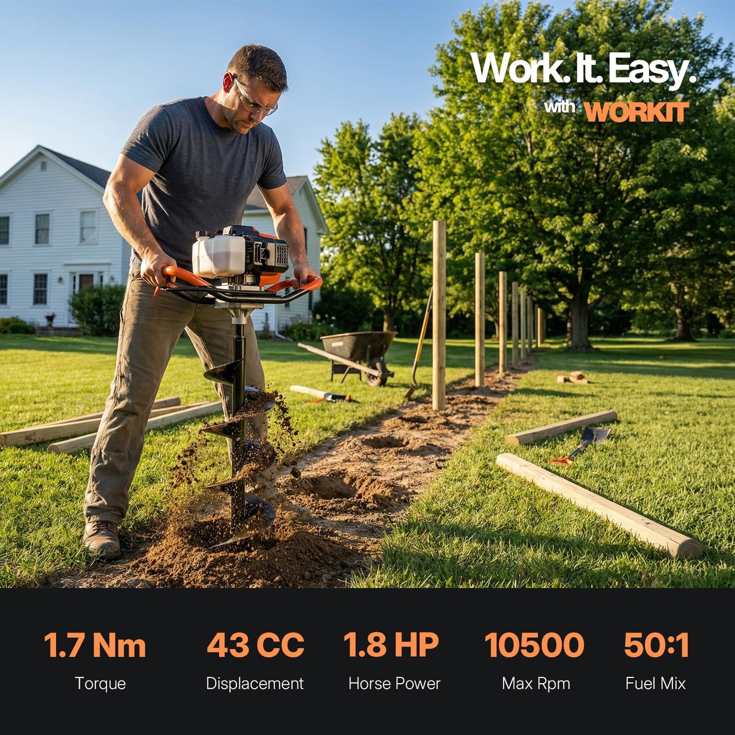 WORKIT 43CC Post Hole Digger, Auger Post Hole Digger Easy Start, 2-Cycle Xtreme Engine, Gas Powered Earth Auger with 8" Auger Drill Bit, 20" Extension Rods, EPA Certification, for Farmland, Garden