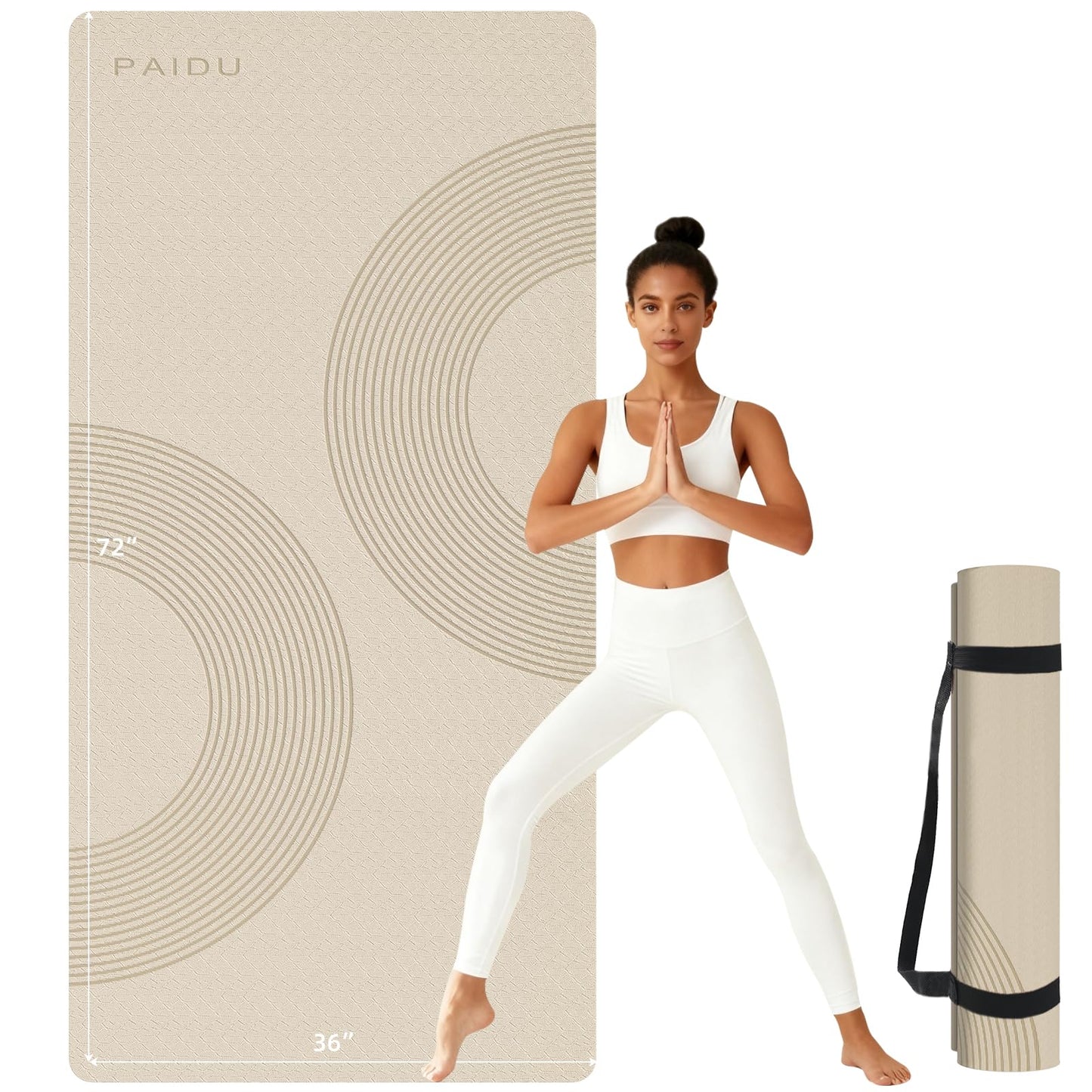 PAIDU Large Yoga Mat, 72" x 36" x 2/5"（10MM） Thick Non-Slip Exercise Mat, SGS-Certified POE Material, Ideal for Home Gym, Yoga, Pilates, Fitness Workouts & Floor Mat (Beige - Double C)