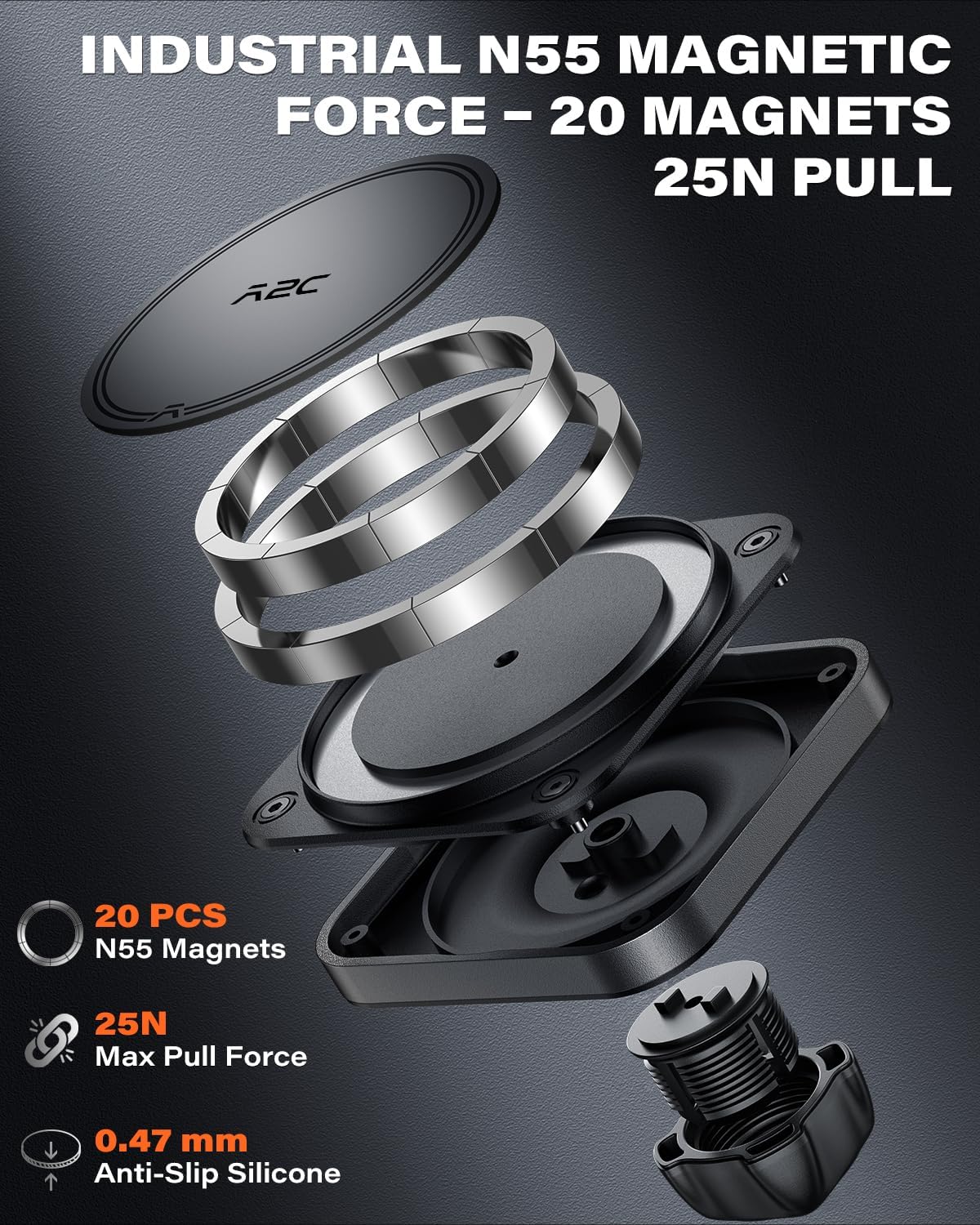 APPS2Car N55 12-17 Heavy Duty Magnetic Car Mount with Gel Suction Cup Industrial Magnetic Hold, Adjustable Telescopic