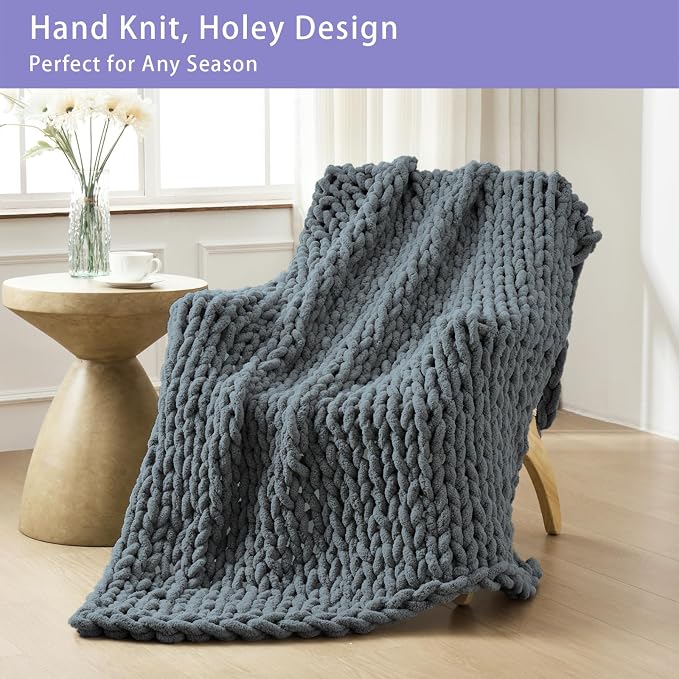 Bigacogo Chunky Knit Throw Blanket for Couch, 40x80 inches, 100% Hand Knitted with Thick Jumbo Chenille Yarn, Cozy Soft Large Rope Knot Cable Crochet Blankets for Sofa Bed Living Room, Iron Gray