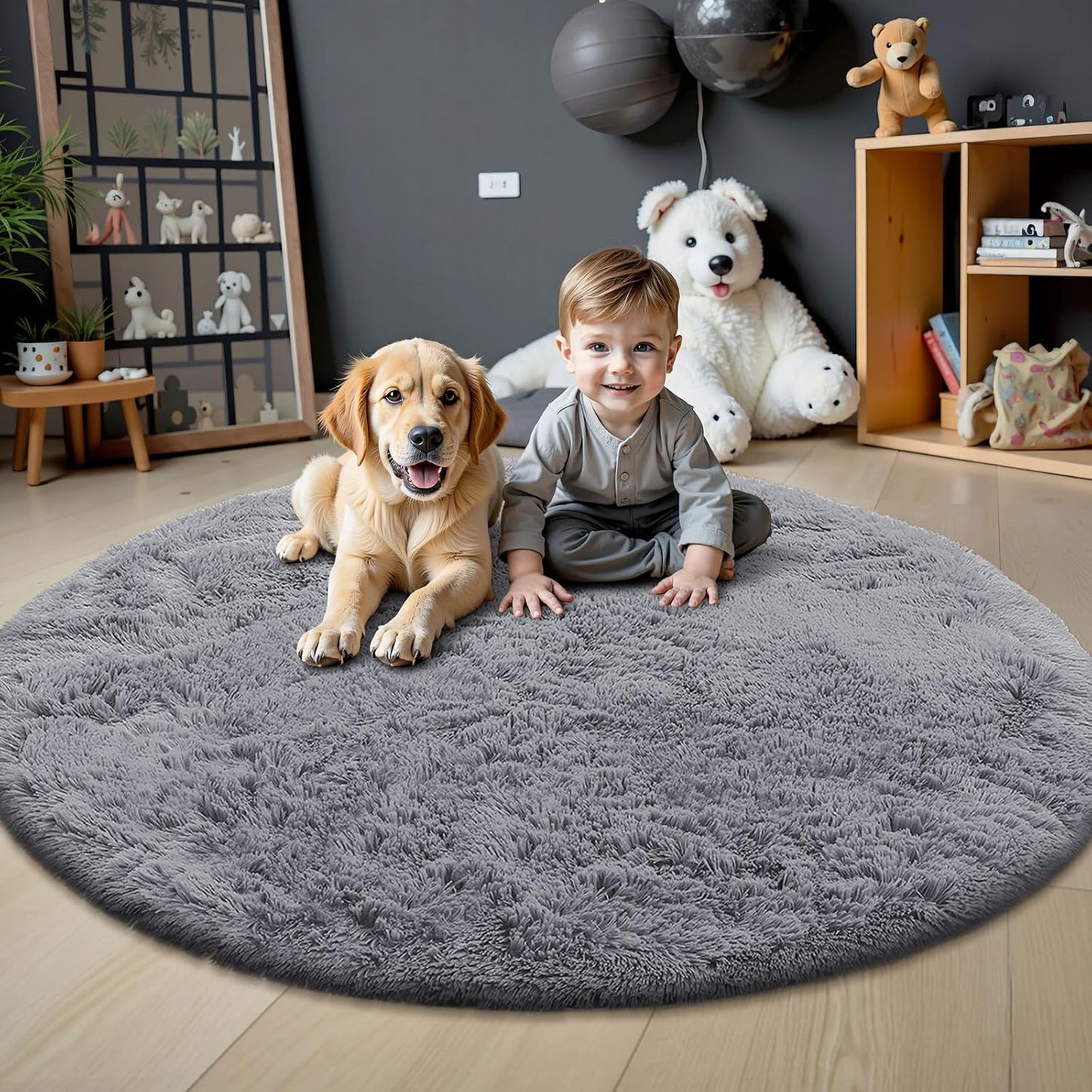 OLANLY Round Light Grey Area Rug - Soft, Fluffy, Machine Washable 8 ft Circle Carpet for Bedroom & Living Room