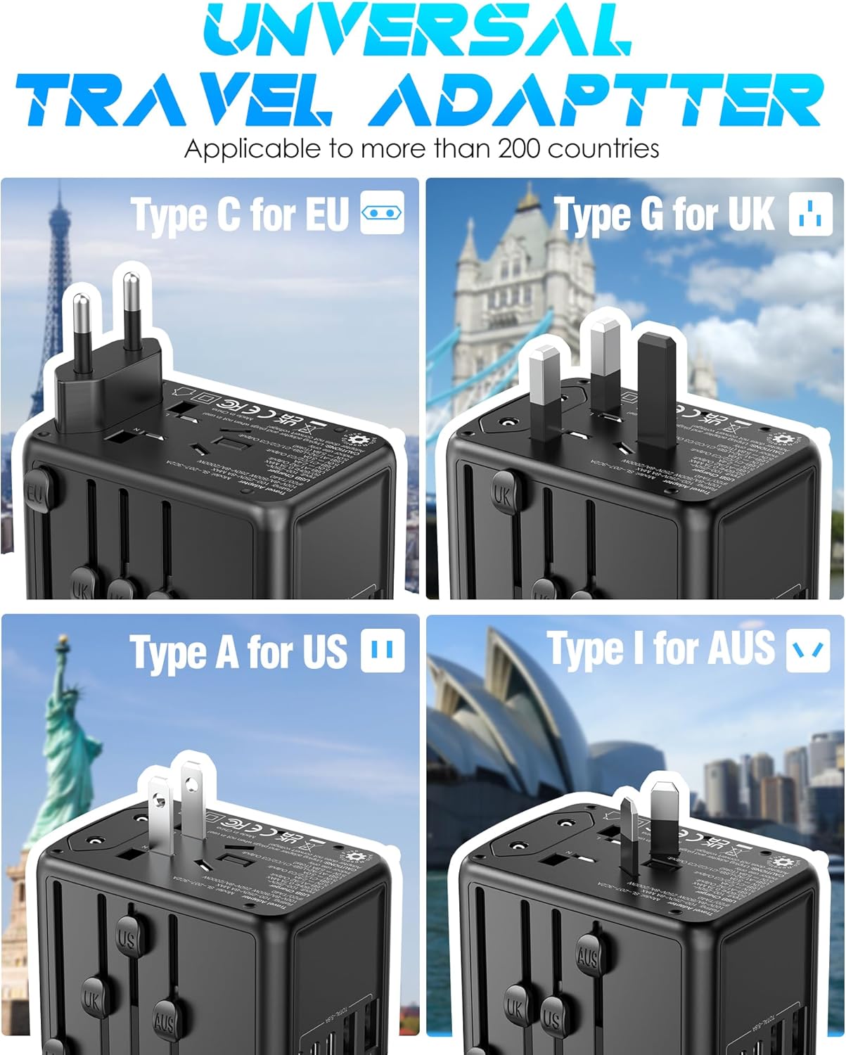 URJD 6.0A 30W 5 2500W 110V 220V 200+ Countries Universal Travel Adapter, USB C/A Ports + AC Outlets, International