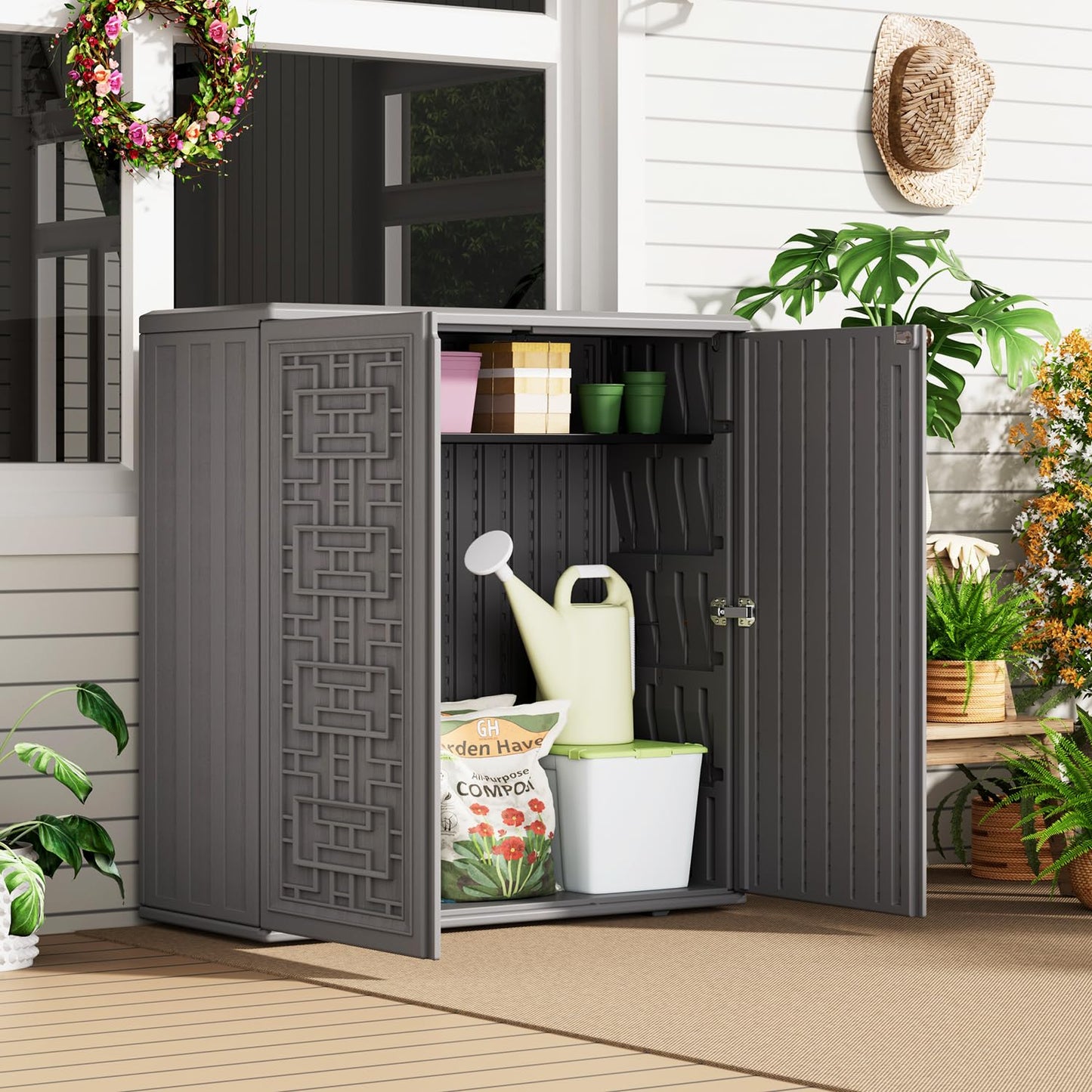 HOMSPARK Indoor/Outdoor Storage Cabinet with Doors and Shelf, 34”x15”x36” HDPE Plastic Storage Box Waterproof for Patio, Garden, Balcony, Multi-Purpose for Daily Tools, Grey