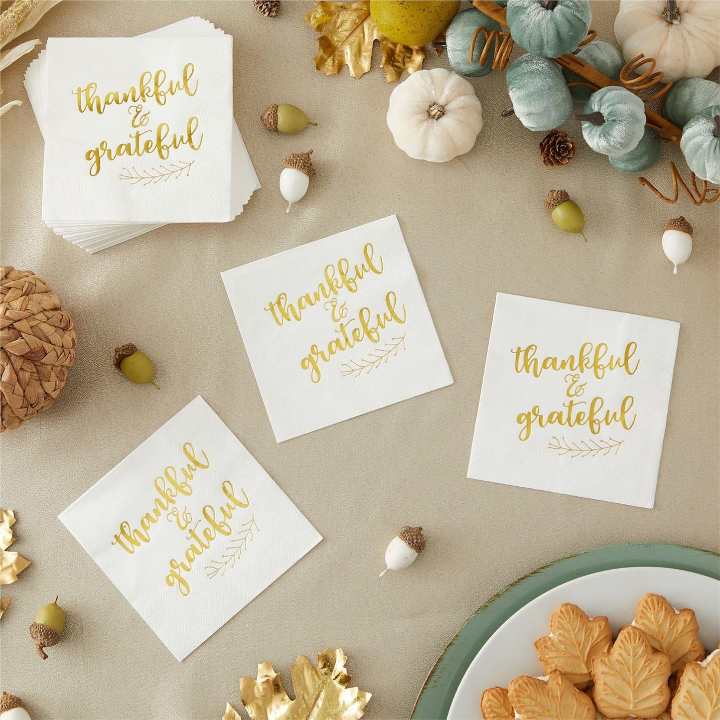 50 Pack Thanksgiving Cocktail Napkins Party Supplies Table Decorations, Thankful and Grateful (5 x 5 In)