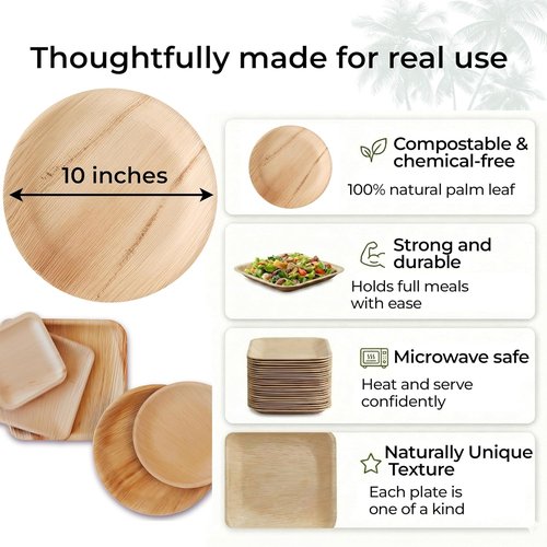 Indie Palm 10 Inch Round Disposable Palm Leaf Plates - Heavy Duty & Biodegradable | 50 Pack for Parties & Catering