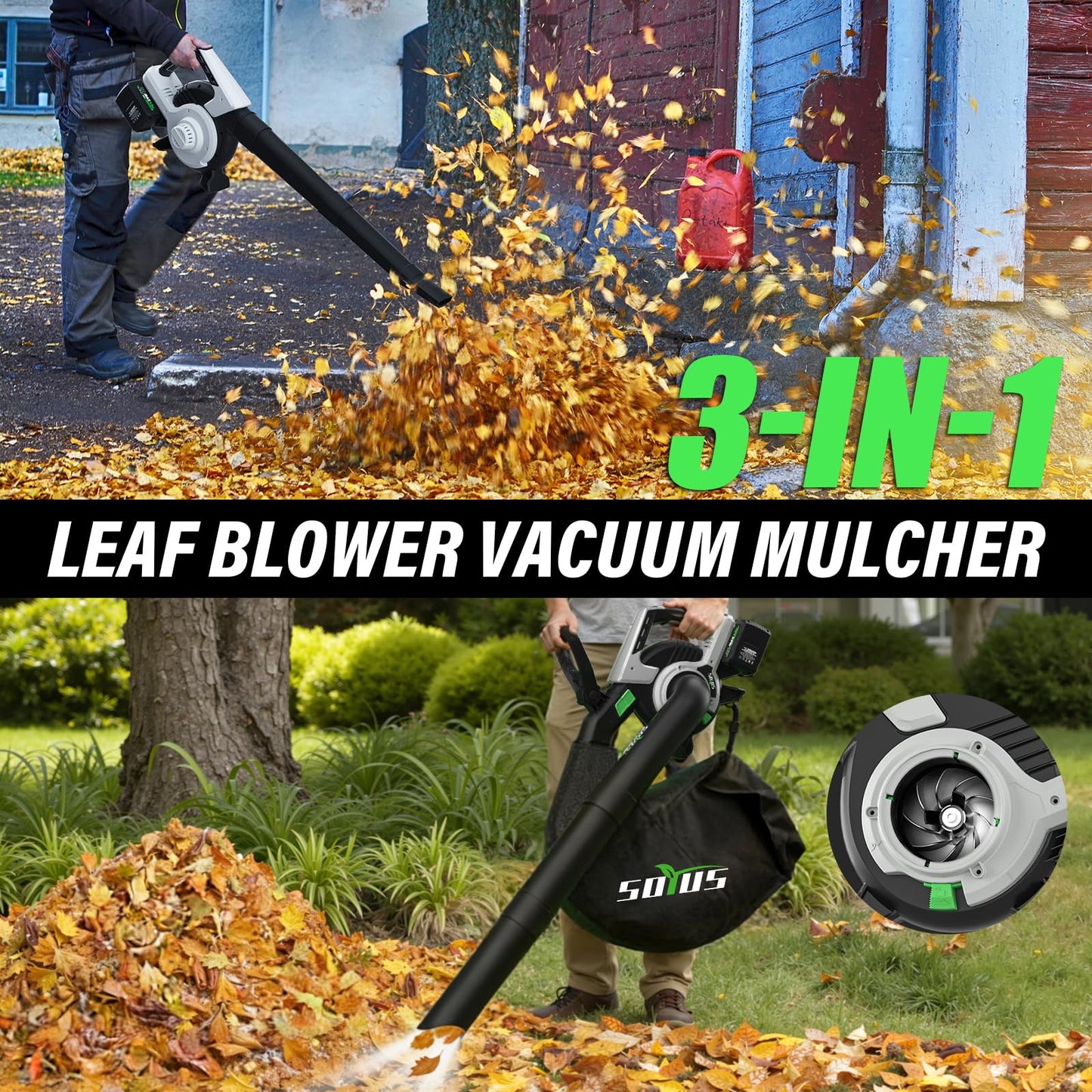 Cordless Leaf Blower & Vacuum SOYUS 3-in-1, Leaf Vacuum Mulcher 385CFM with Brushless Motor & 5 Speed Control, Electric Leaf Blower for Lawn Care, Included 45L Bag 2 x 20V 4.0Ah Battery and Charger