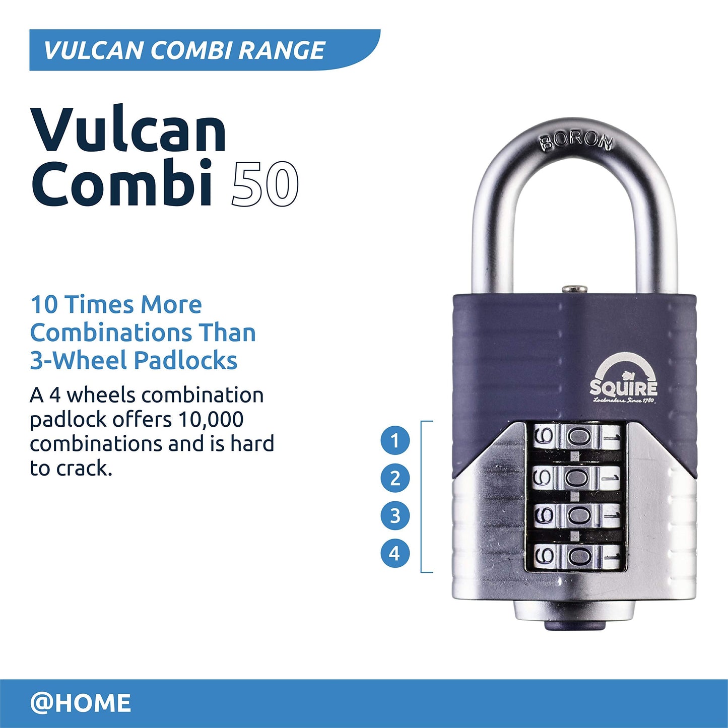 Squire Heavy Duty Padlock (Vulcan Combi 50) - Toughest Open Shackle - 4 Wheel Vulcan Padlock - Steel Cast Alloy for Corrosion Resistance - Weatherproof Lock for Home, School & Shed (Blue, 2")