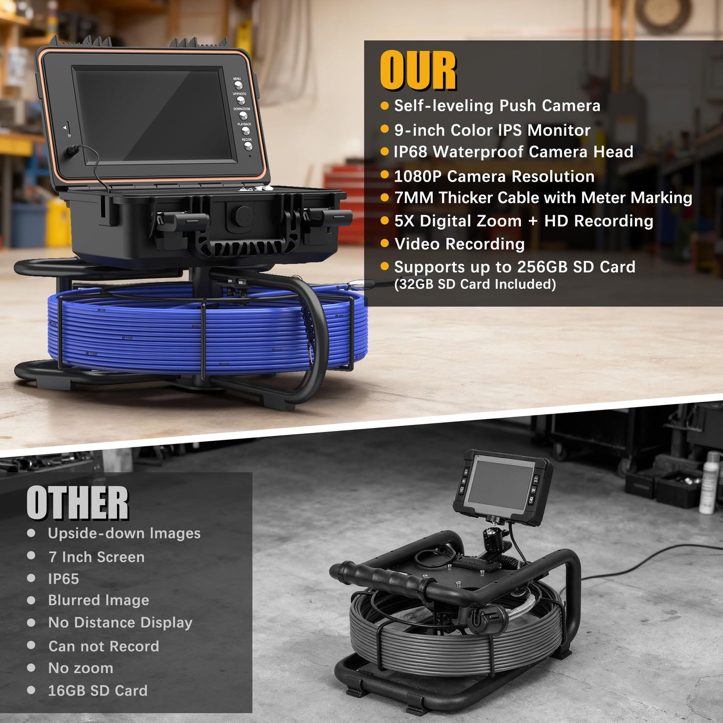 Sewer Camera 100ft, Self Leveling Drain Camera with Meter Counter, 7mm Thick Cable, 9" HD Screen 1080P Plumbing Cameras Snake with Light, 5100mAh Battery Duct Pipe Video Inspection Cam DVR 32GB