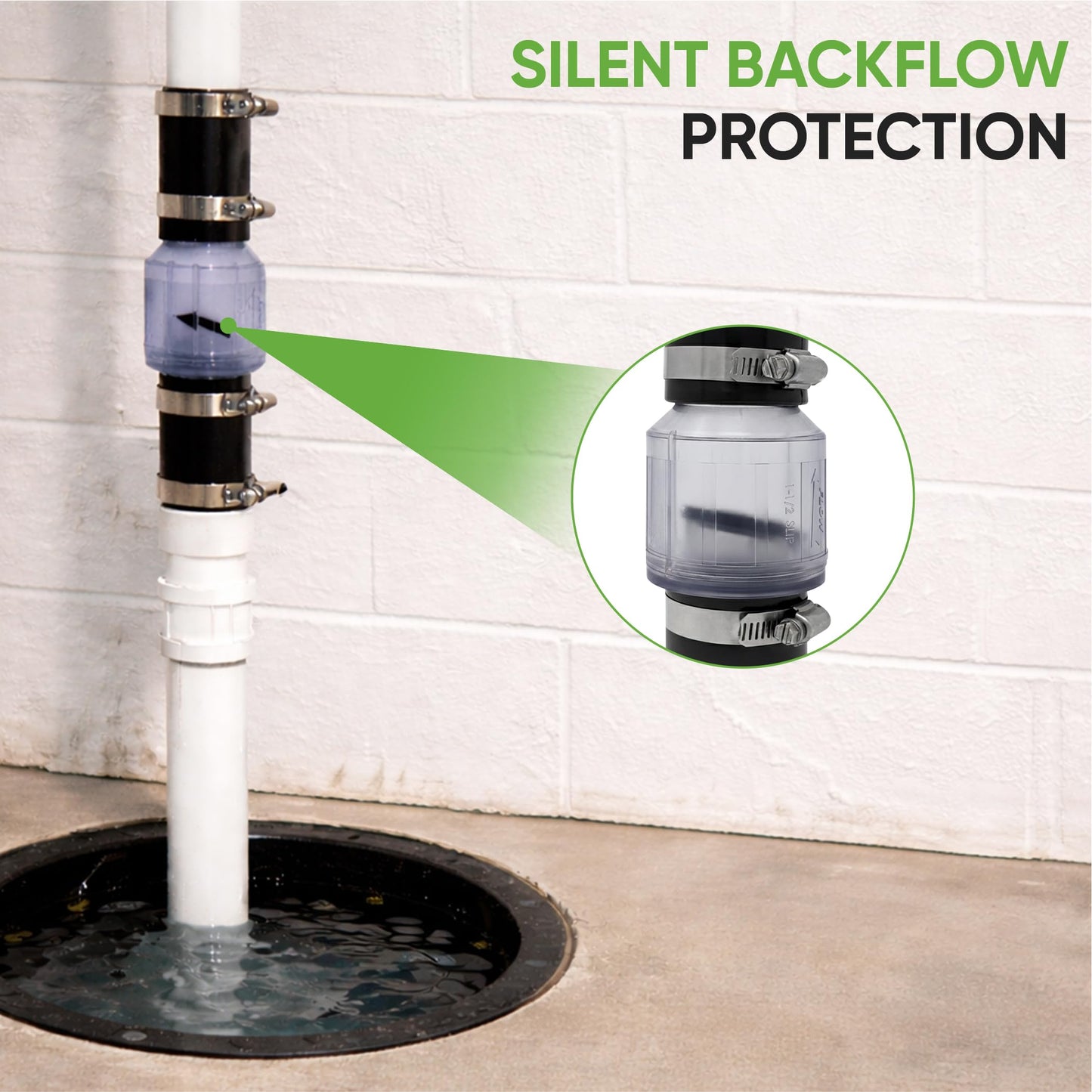 PumpSpy Silent Check Valve - 1-1/2" with Buna-N Couplings, Model CV-150, Spring-Loaded Flapper, Sump Pump Life Expectancy Increase, Includes Steel Clamps Fit 1-1/2″ Pipe