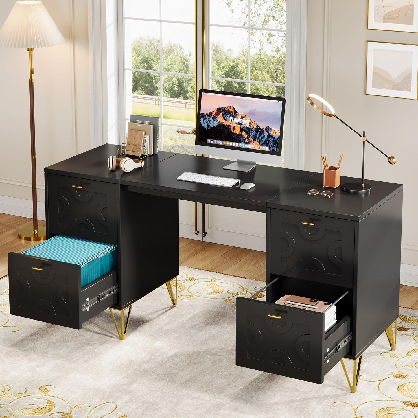 Tribesigns 59-Inch Black Executive Computer Desk with 4 File Drawers Storage, Modern Writing Table, Luxury Desk with Gold Legs for Home Office