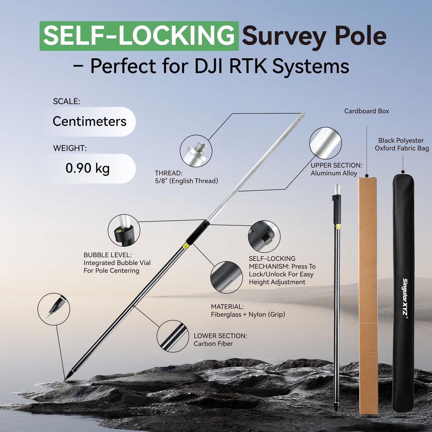 Self-Locking Survey Pole, Carbon Fiber & Aluminum Lightweight GPS Rover Pole, 5/8" Thread, Adjustable Height 125-200 cm (49-79"), Compatible with DJI, SingularXYZ & Most RTK Rover Systems