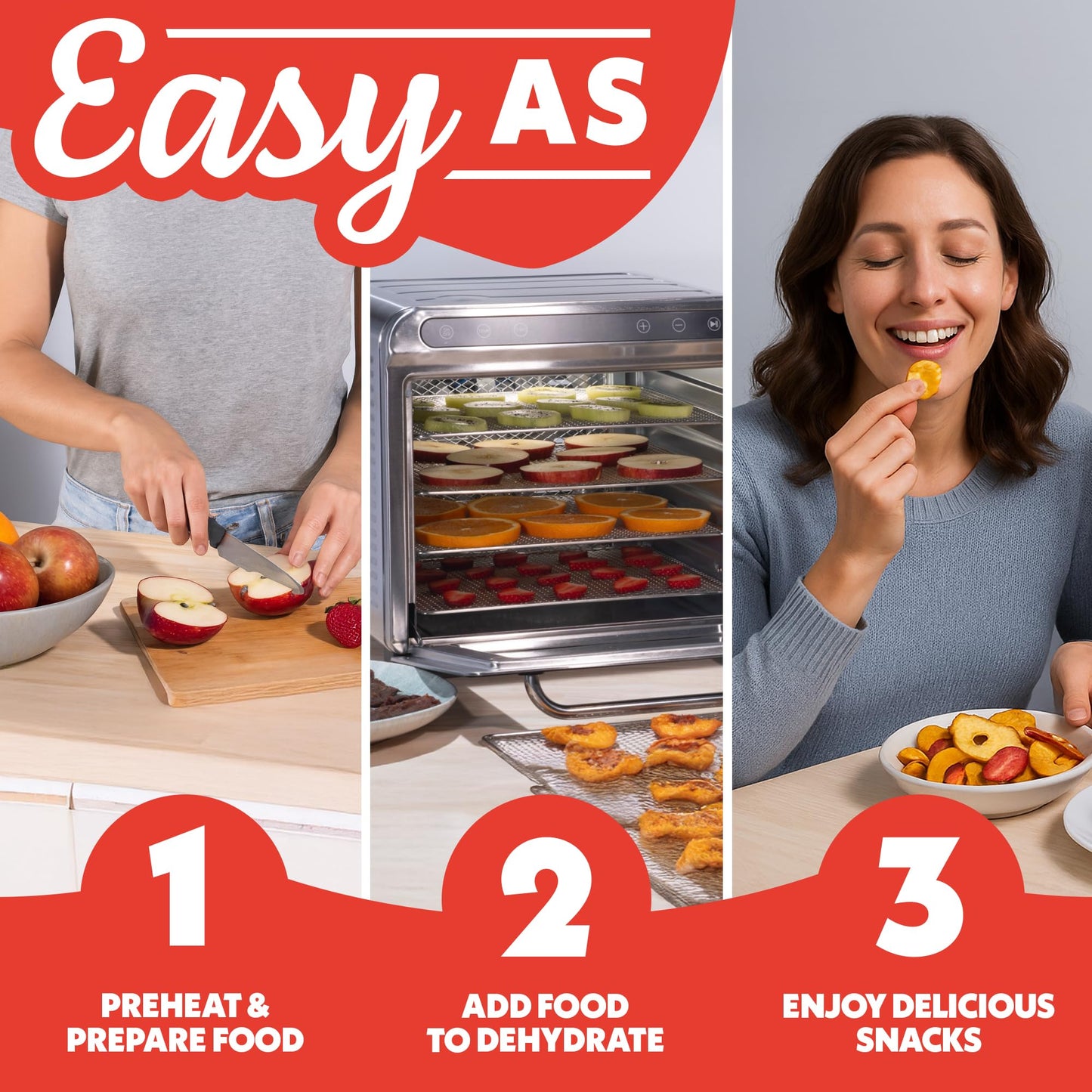 Gourmia 8 Tray Digital Food Dehydrator - 360° Airflow, 30 Minute–24 Hour Timer, Glass Door, Jerky, Fruits, Veggies & More, 95°F–185°F, 625W, Stainless Steel