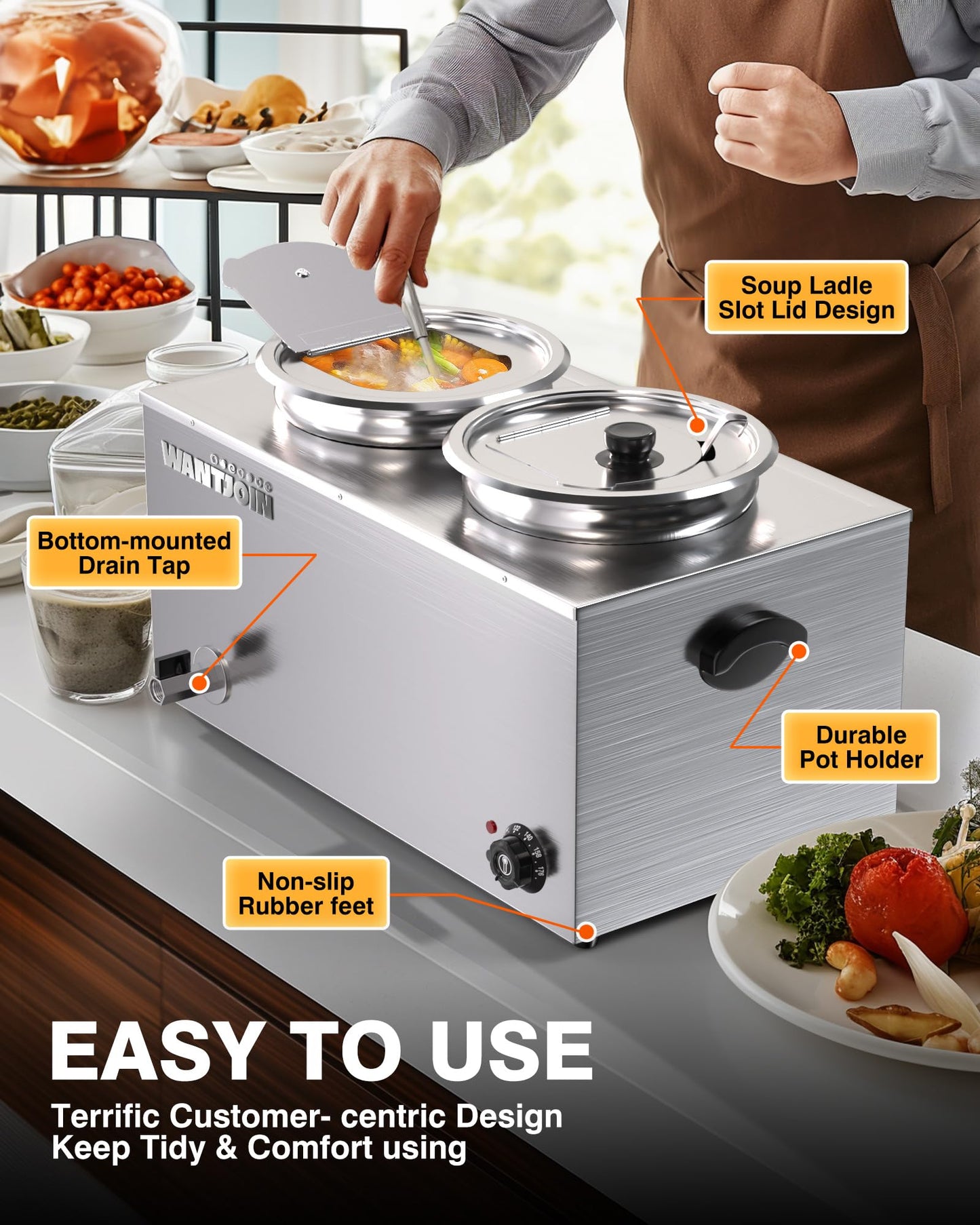 WantJoin Soup Warmer Commercial - 20 QT Stainless Steel Bain Marie Round Pot 86~185°F Adjustable Temp, 1500W Electric Steam Table Countertop,Anti-Dry Burn Reset Button for Restaurant, Buffet