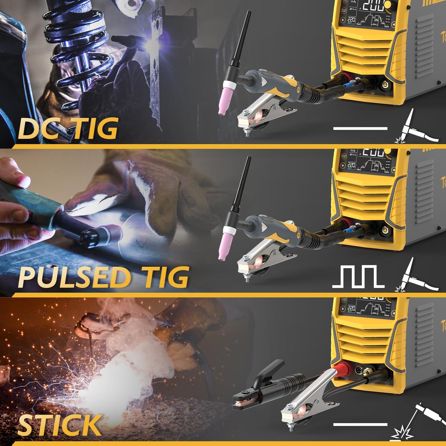 TOOLIOM 200A TIG Welder with Pulse, 4 in 1 Multifunctional TIG Welding Machine DC TIG/Spot TIG/Pulse TIG/Stick 110&220V Dual Voltage with Large Digital Display