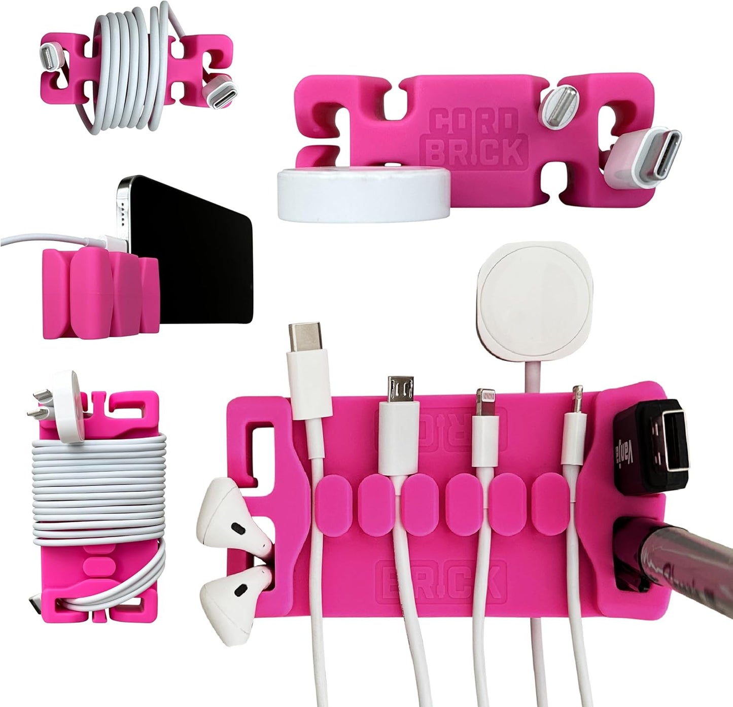 CordBrick /DeskBrick Bundle Weighted Cord Holders for Nightstand & Desk - Phone Charger Cable Management Travel, Phone