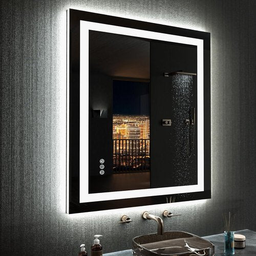 LOAAO LED Bathroom Mirror - 28" X 32" Dimmable, Anti-Fog, RGB Backlit with Memory Function
