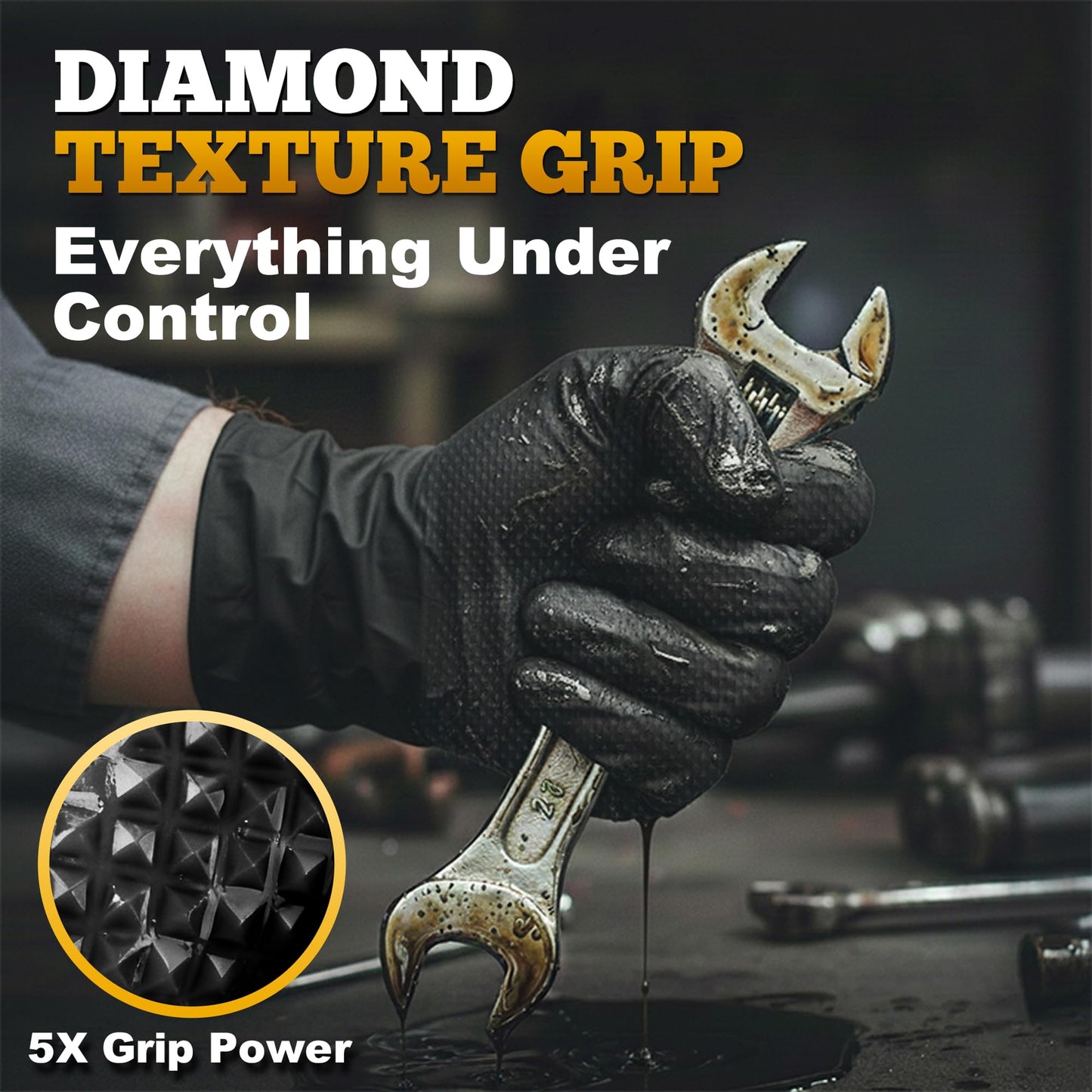 TitanFlex Heavy Duty Black Industrial Nitrile Gloves, 8-mil, Large, Box of 100, Latex Free, Raised Diamond Texture, Powder Free, Food Safe, Rubber Gloves, Mechanic Gloves