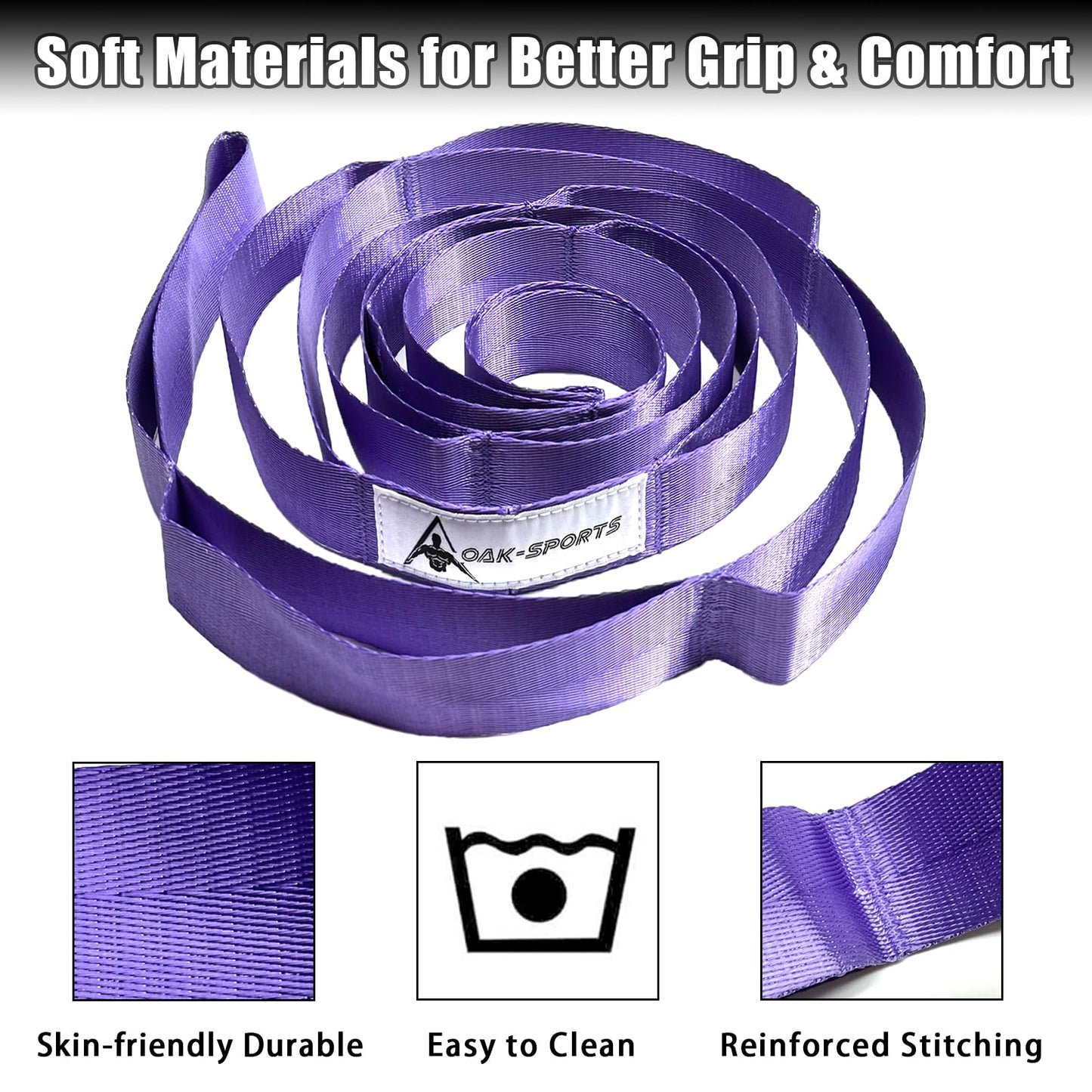 Oak-Sports Stretching Strap Yoga Strap for Physical Therapy with 10 Loops, Yoga Straps for Stretching, Upgraded Non-Elastic Stretch Band for Pilates, Dance and Gymnastics with Workout Guide (Purple)
