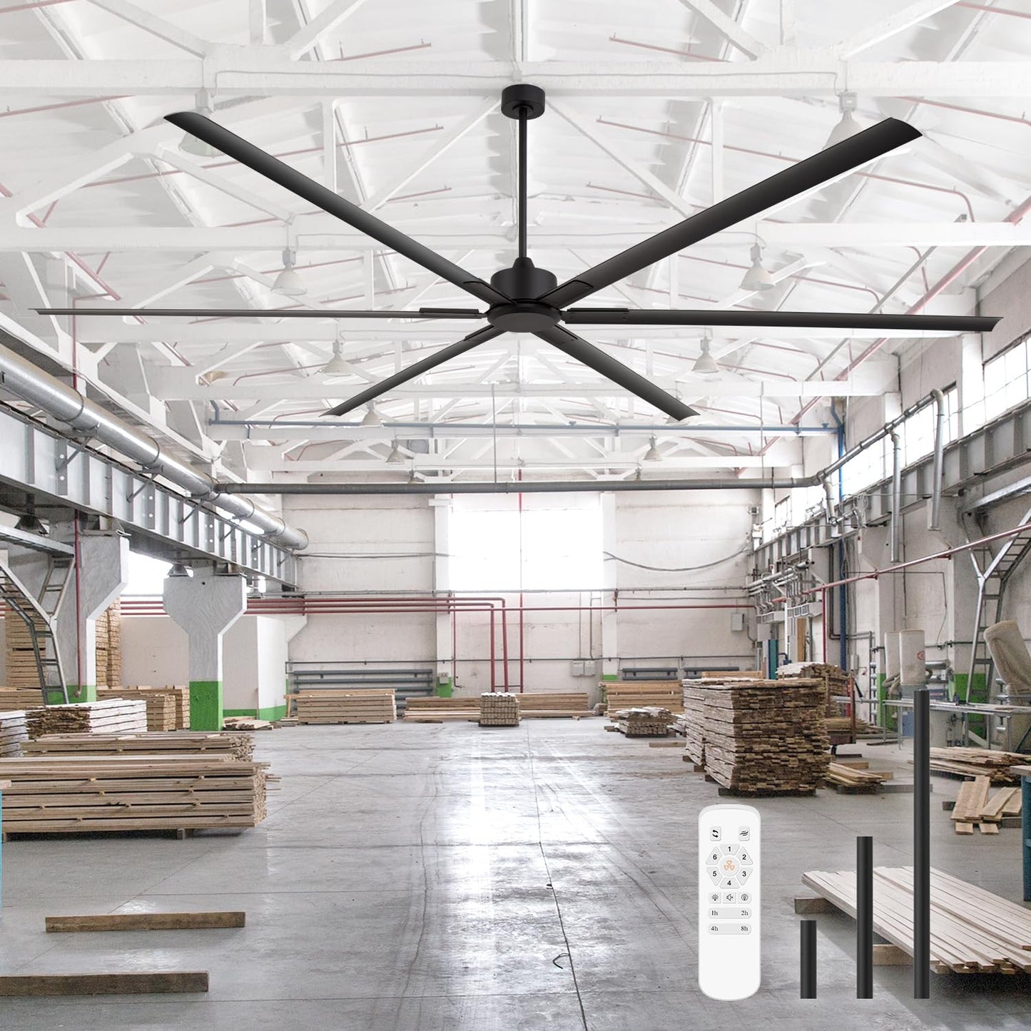 Breezary 120 Inch Ceiling Fan No Lights Extra Large HVLS 10ft Industrial Black Ceiling Fan without Light for High Ceiling Ultra-Quiet DC Motor 6 Aluminum Blades for Commercial Use Garage Warehouse Gym