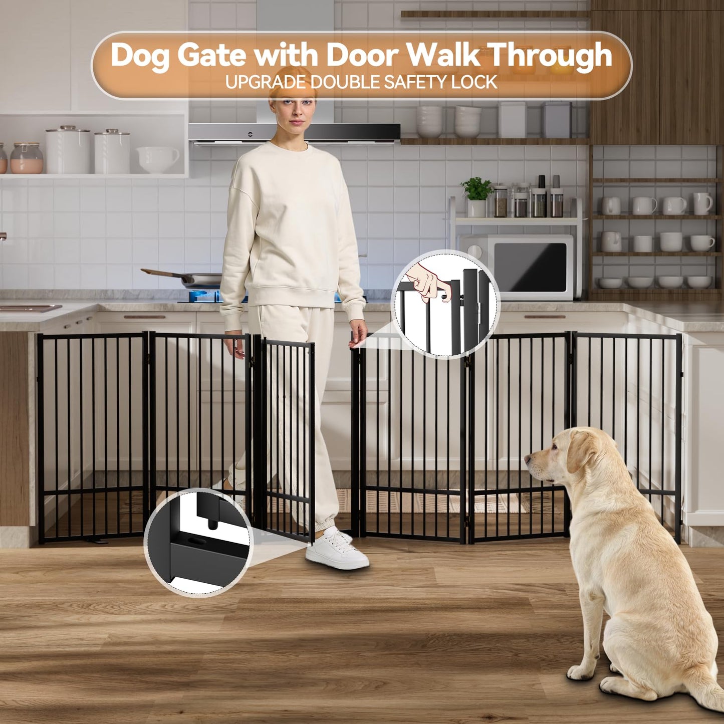 SNUOWU Full Metal Freestanding Dog Gate with Door, 36''Height Foldable Pet Dog Fence for Indoor & Outdoor, 6 Panels Extra Wide Free Standing TallDog Gates for Doorways,House,Stairs,Porch,Deck,Yard