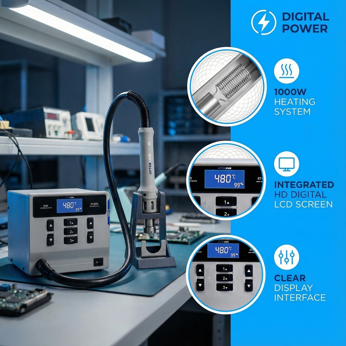 Hot Air Rework Station,1000W Digital Display Automatic Sleep Hot Air Gun Soldering Station, Adjustable Temperature Desoldering Gun BGA Rework Station