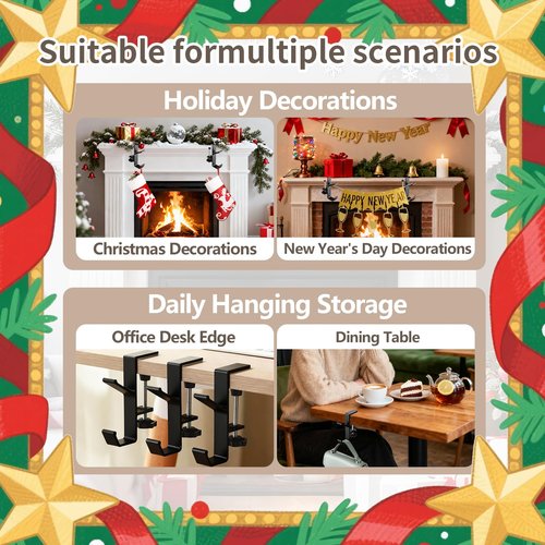 KISOY Fireplace Stocking Holder, Christmas Mantle Garland Hanger, Mantel Hook for Holiday Decorations,Adjustable Fireplace Stocking and Garland Hanger (Branch-Style, 2)