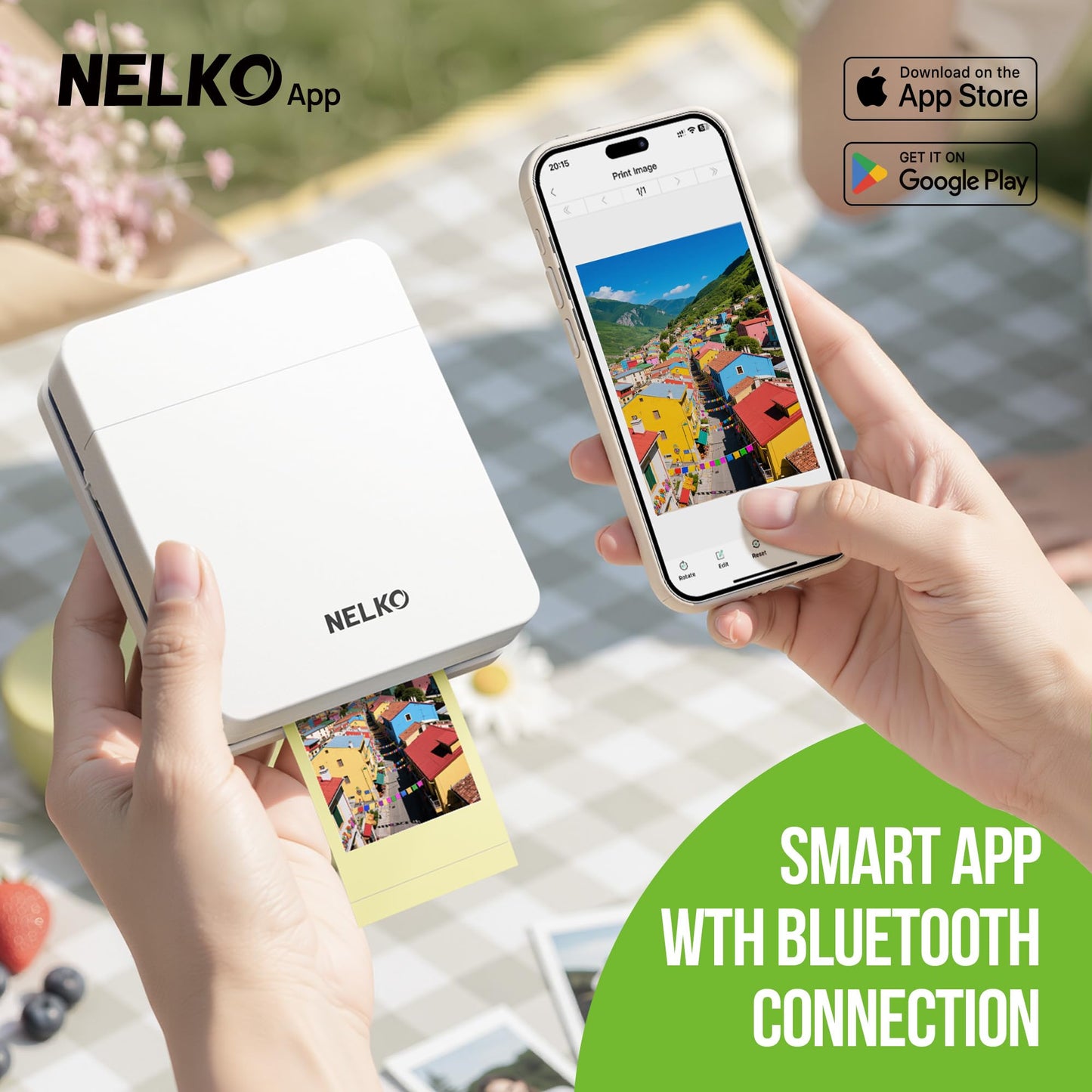 Nelko Photo Printer, 2x3 Portable Wireless Smartphone Printer, PP01 Mini Color Instant Inkjet Printer, Sticky-Back Photos, Bluetooth Compatible with iOS & Android, App Editing, White