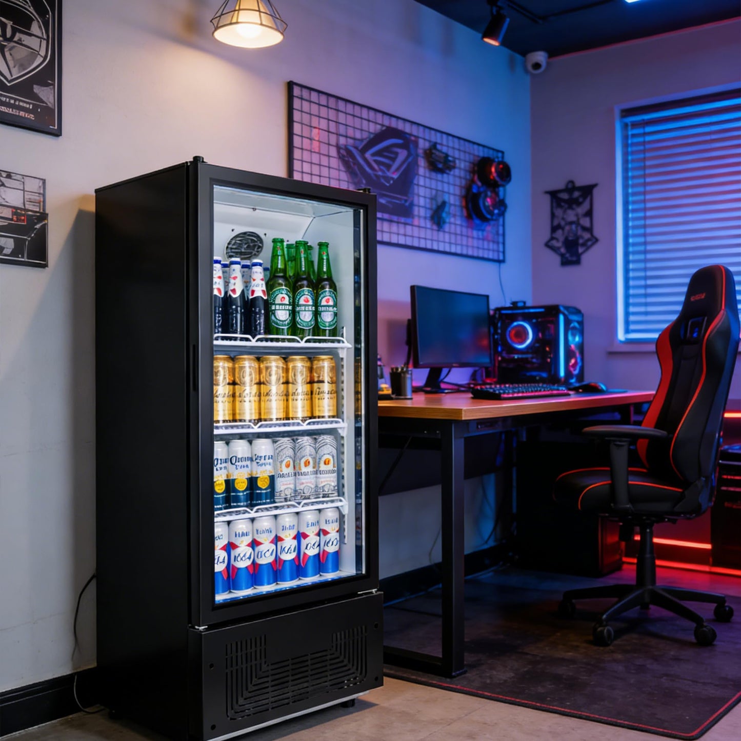 BINGERMA 6.5 Cu.Ft Commercial Beverage Refrigerator Glass Door Upright Drink Cooler Display Fridge with Adjustable Shelves and LED Light for Restaurant Bar Store Office