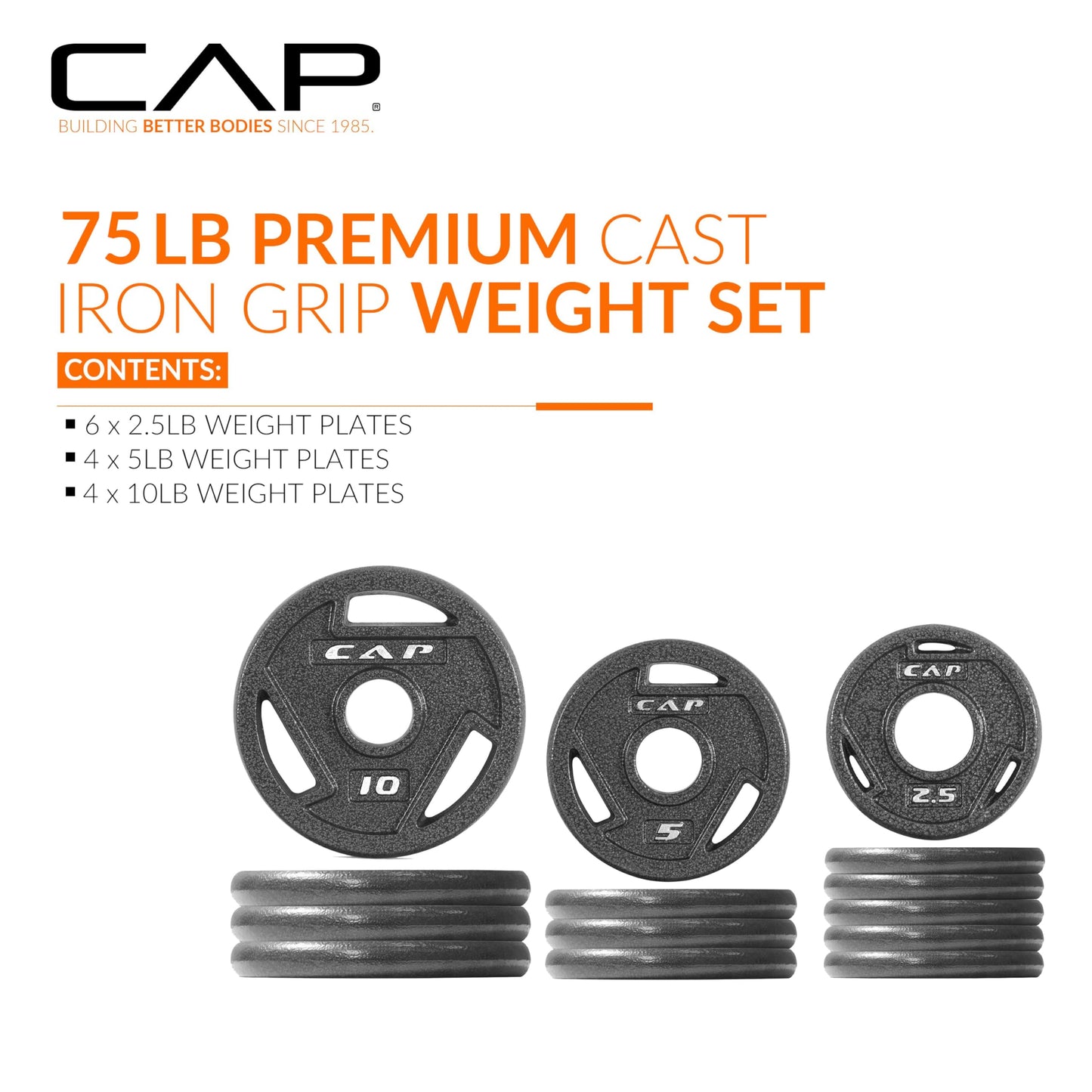 CAP Barbell 75 LB Elite Olympic 2-Inch Cast Iron Weight Plate Set